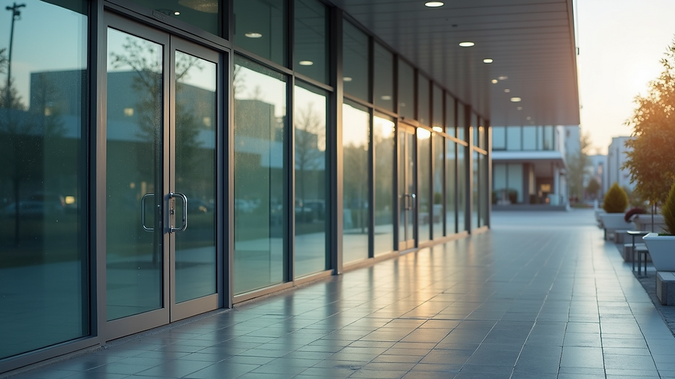 Eye-level view of a clean commercial building exterior with sparkling windows