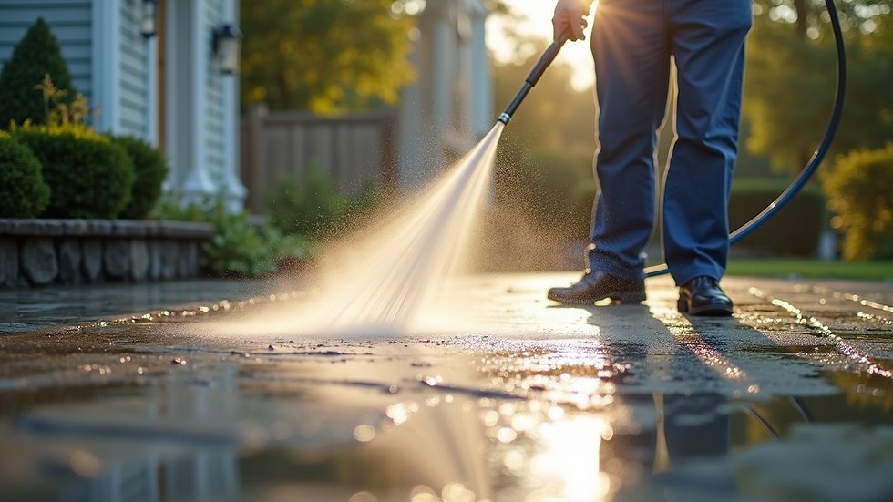 Eye-level view of a pressure washing professional cleaning a residential driveway