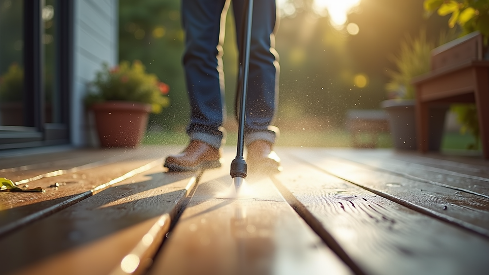 Eye-level view of a professional pressure washer cleaning a wooden deck