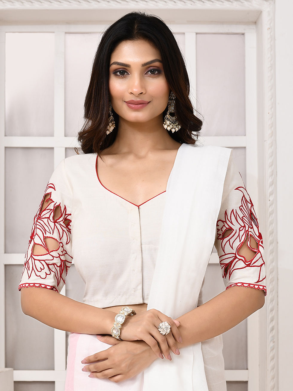 Thumbnail: Designer Blouse with cutwork design in sleeves
