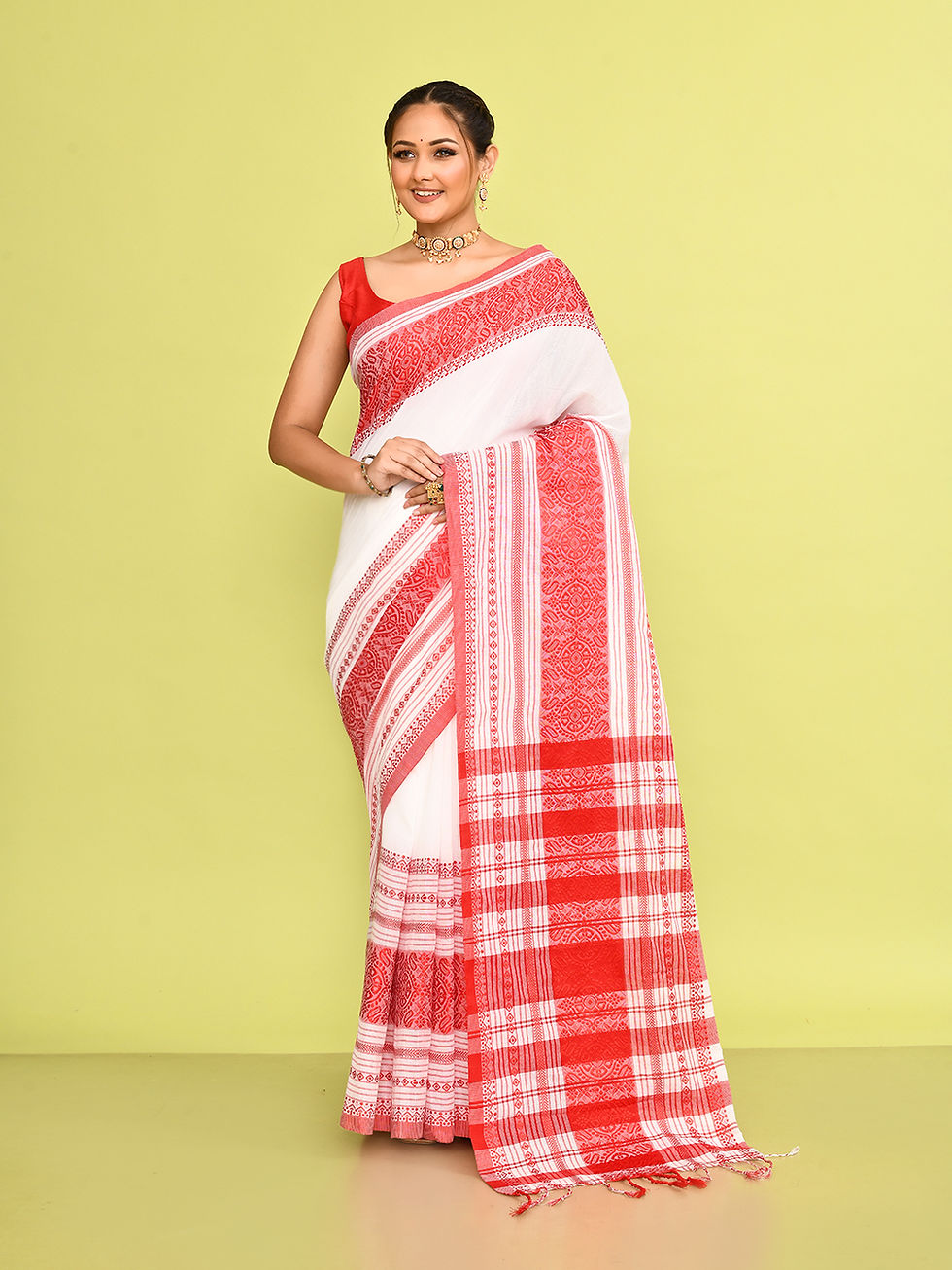 Thumbnail: Pure Cotton  White  & Red  Stripped Border Saree