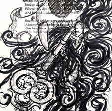Ink drawing of a wild cat skull with a key in its mouth. Dark swirls are coming out of the mouth.