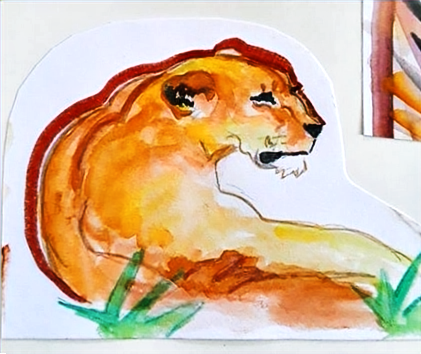 Watercolor sketch of a lioness laying