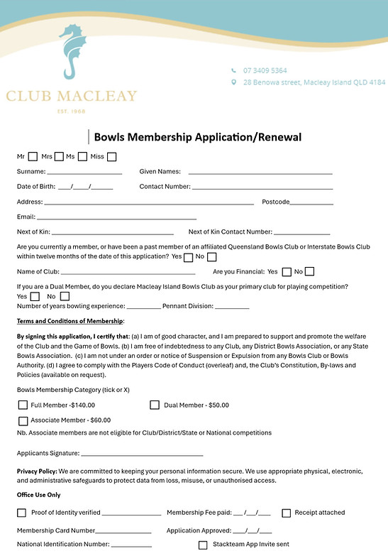 Bowls Membership page