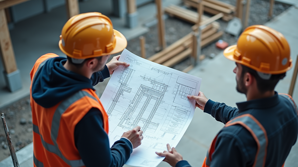 High angle view of a construction site with engineers analyzing blueprints