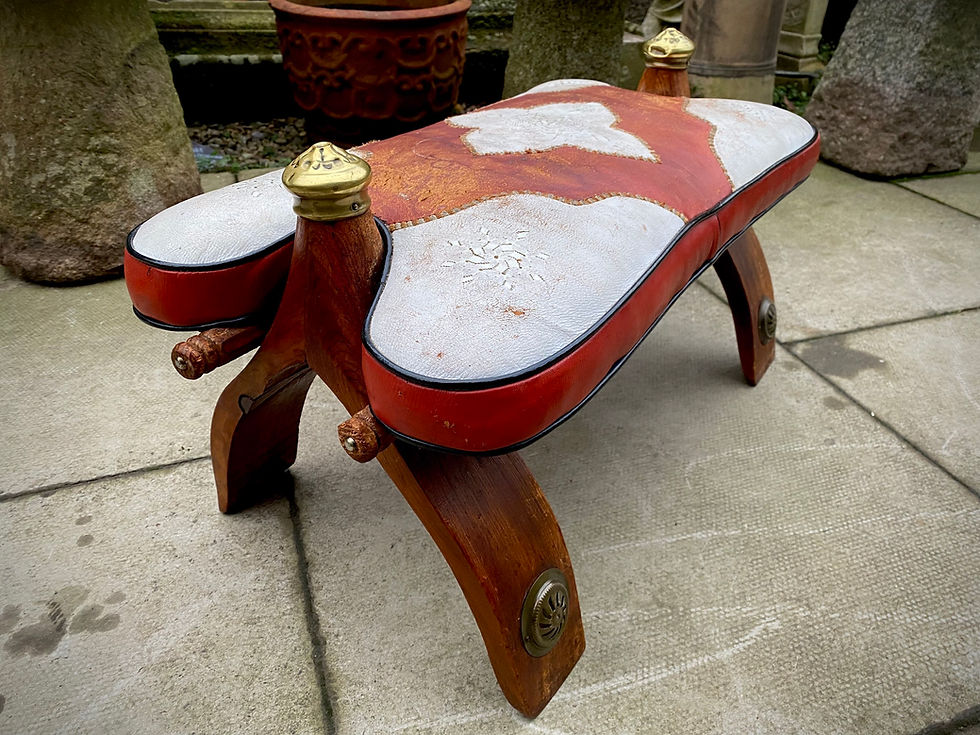 Thumbnail: Vintage Moroccan Camel Saddle Wooden & Leather Footstool 
