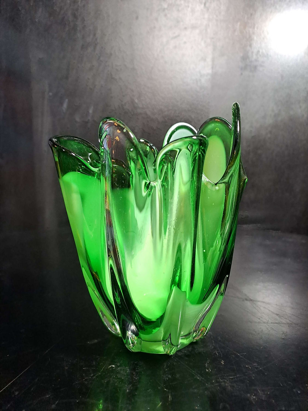 Thumbnail: ON SALE Vintage Czech Emerald Green & White Swirl Art Glass Vase