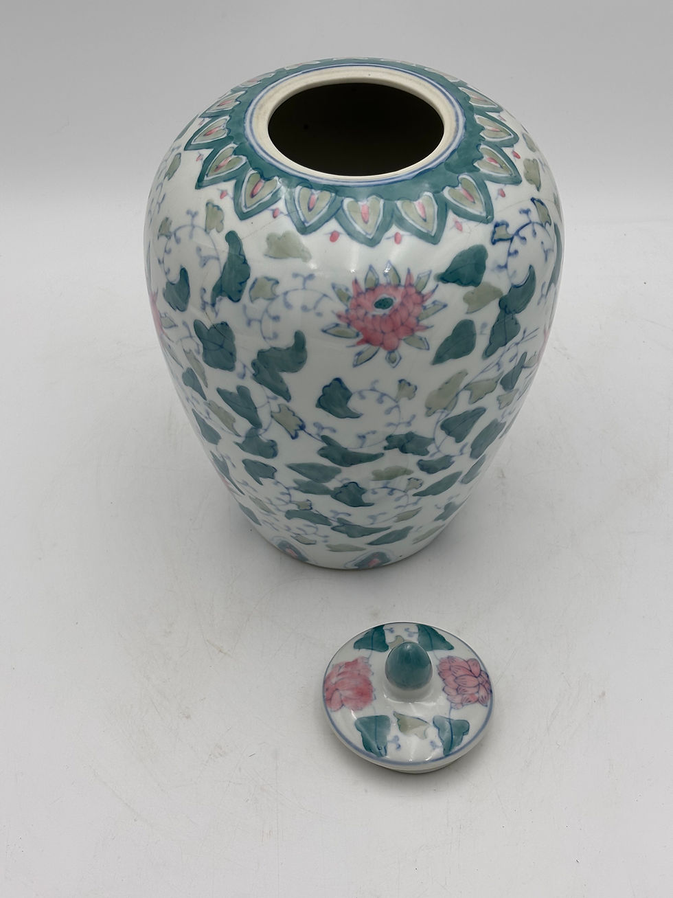 Thumbnail: Vintage Chinese Ginger Jar with Pale Pink Lotus Flower Decoration 