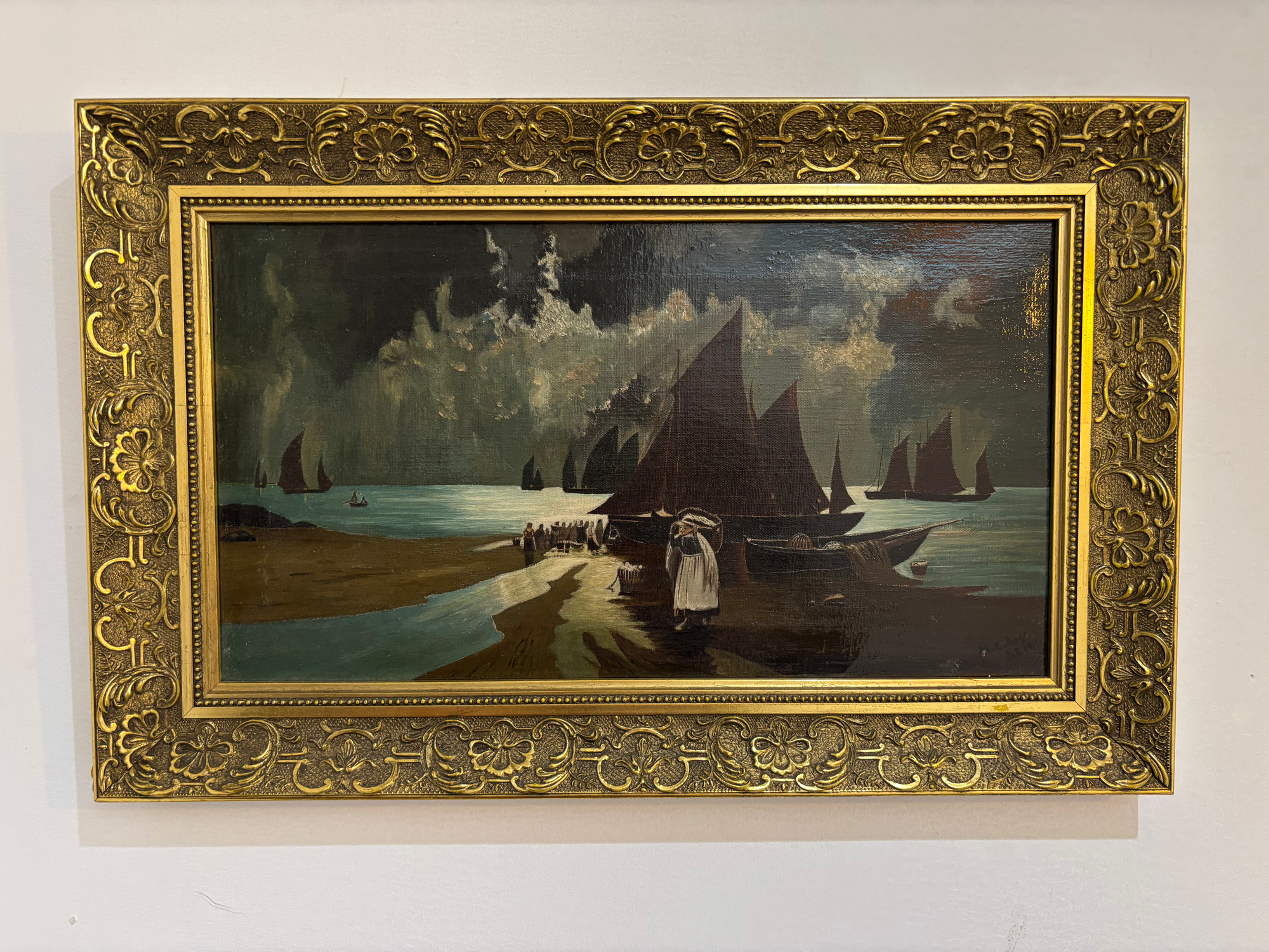 Pair of Antique Oil on Canvas Seascape Framed Paintings signed M.C. Argo Dated 1