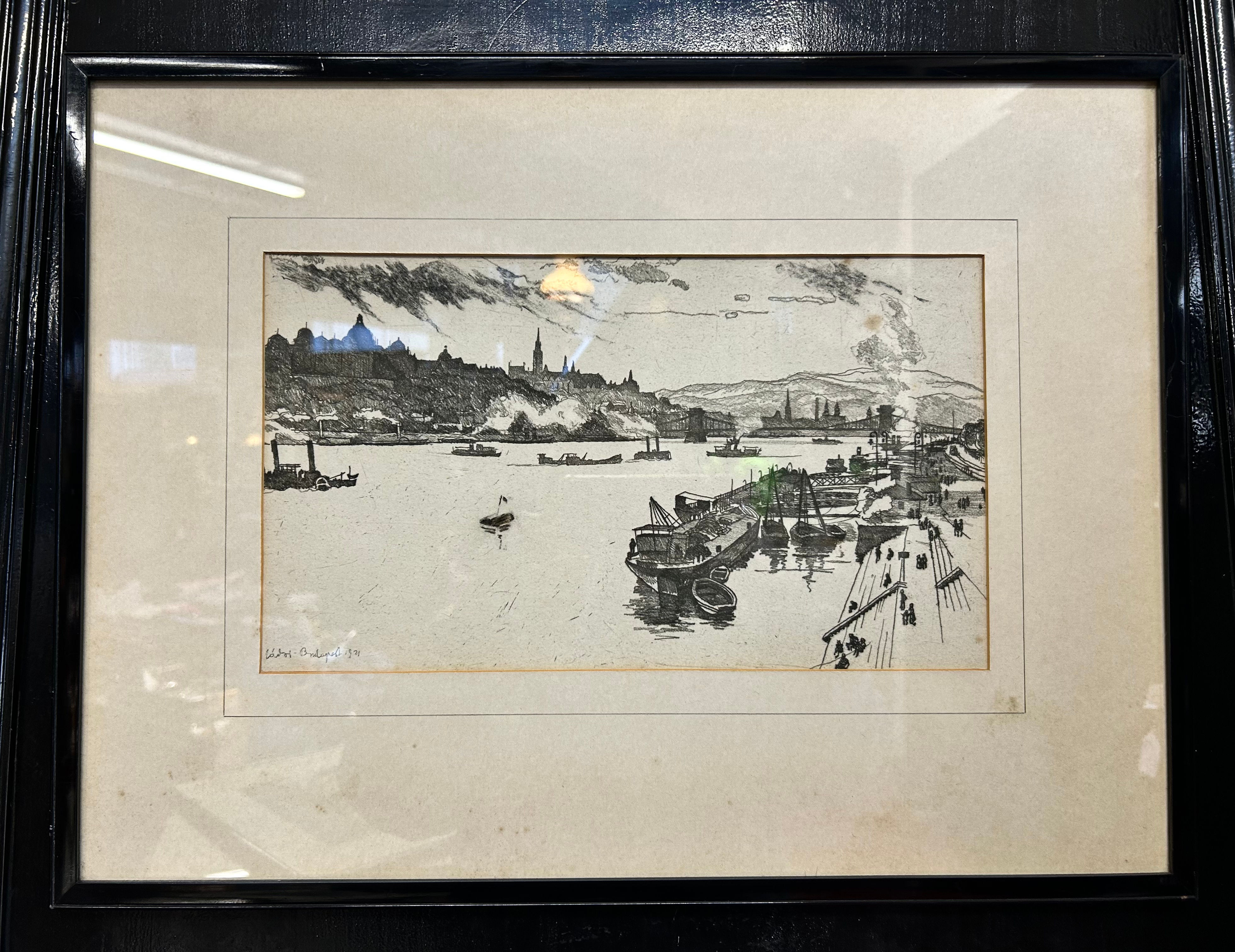 Etching Of Budapest 1921 By István Zádor (1882–1963) Framed Behind Glass