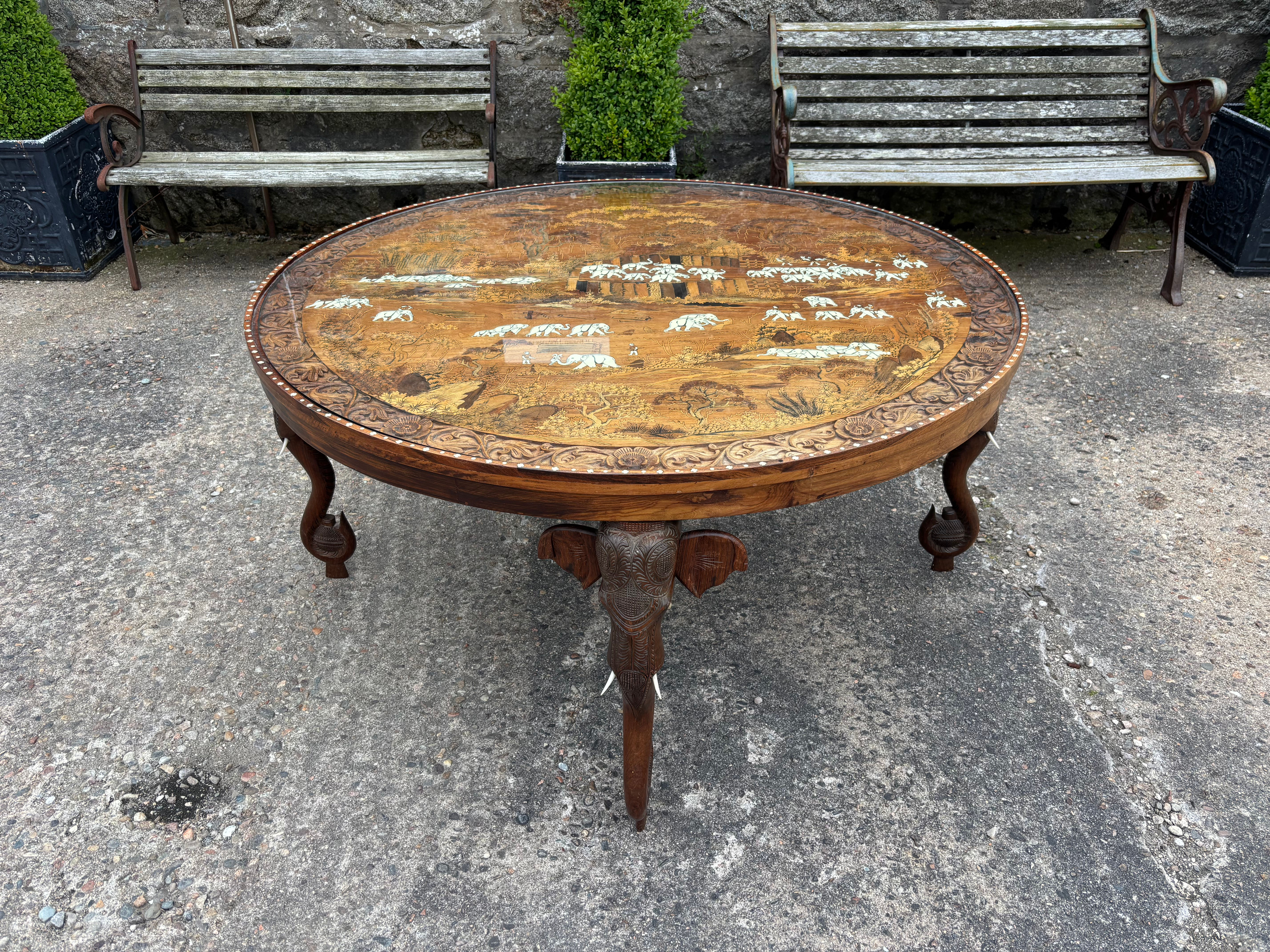 Large Anglo Indian Rosewood Occasional Coffee Table with Carved Elephant Legs
