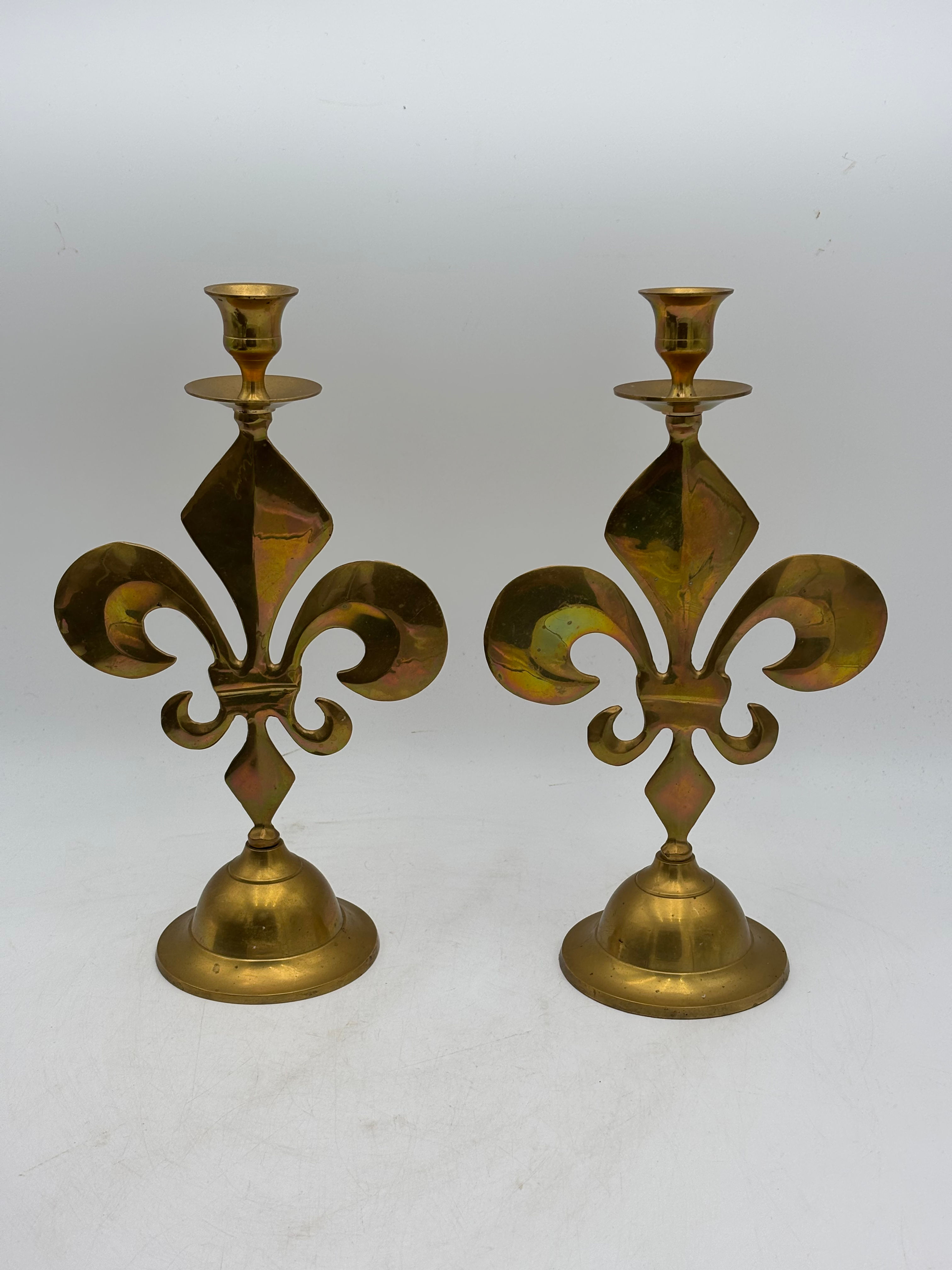 Pair of Large Brass Fleur De Lis Candlesticks 