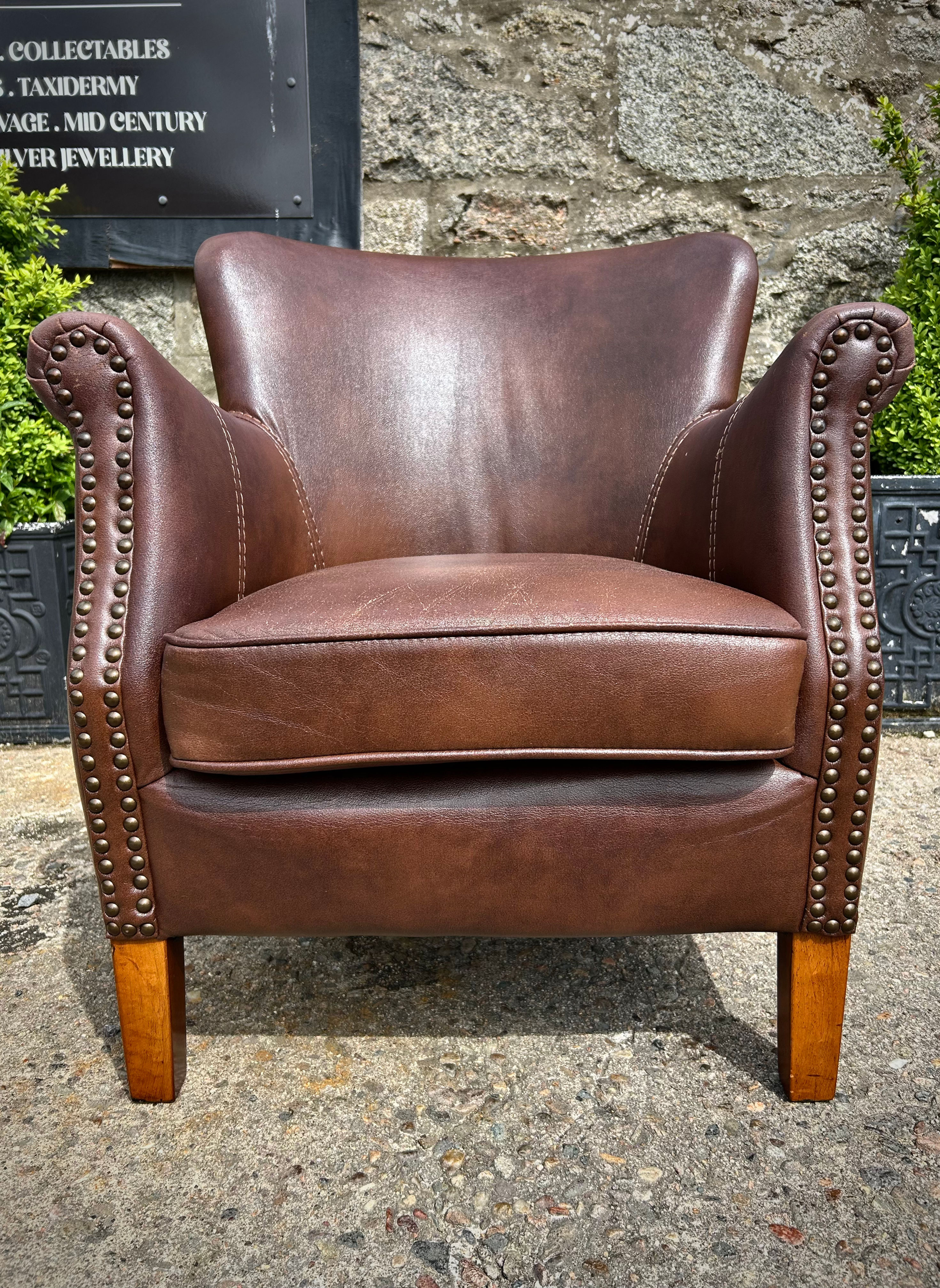 Small Leather Library Tub Chair with Stud Detail on Wooden Feet 
