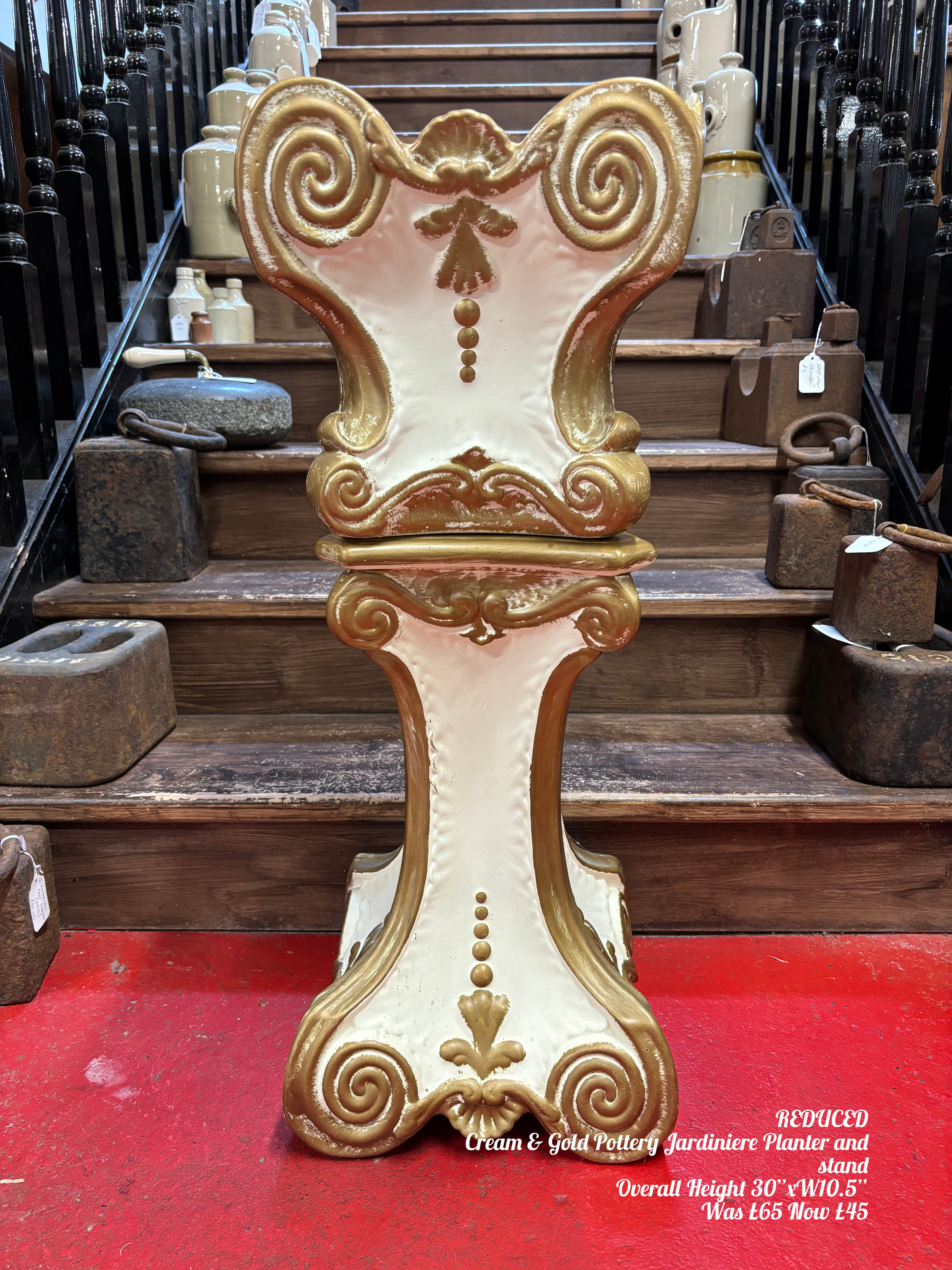 ON SALE Cream & Gold Pottery Jardiniere Planter and stand 