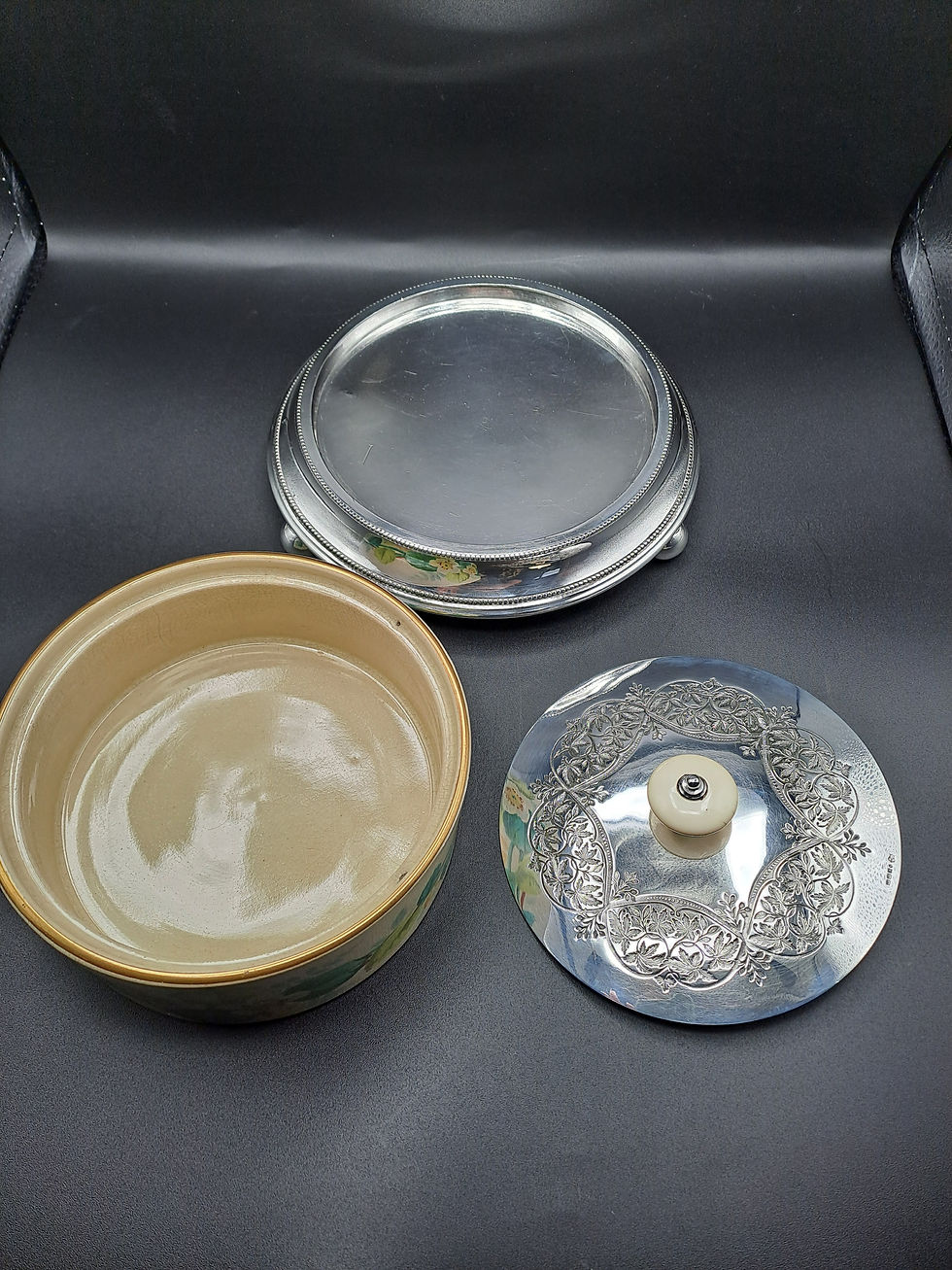 Thumbnail: Antique Victorian Silver plate and Pottery lidded buscuit or butter dish.