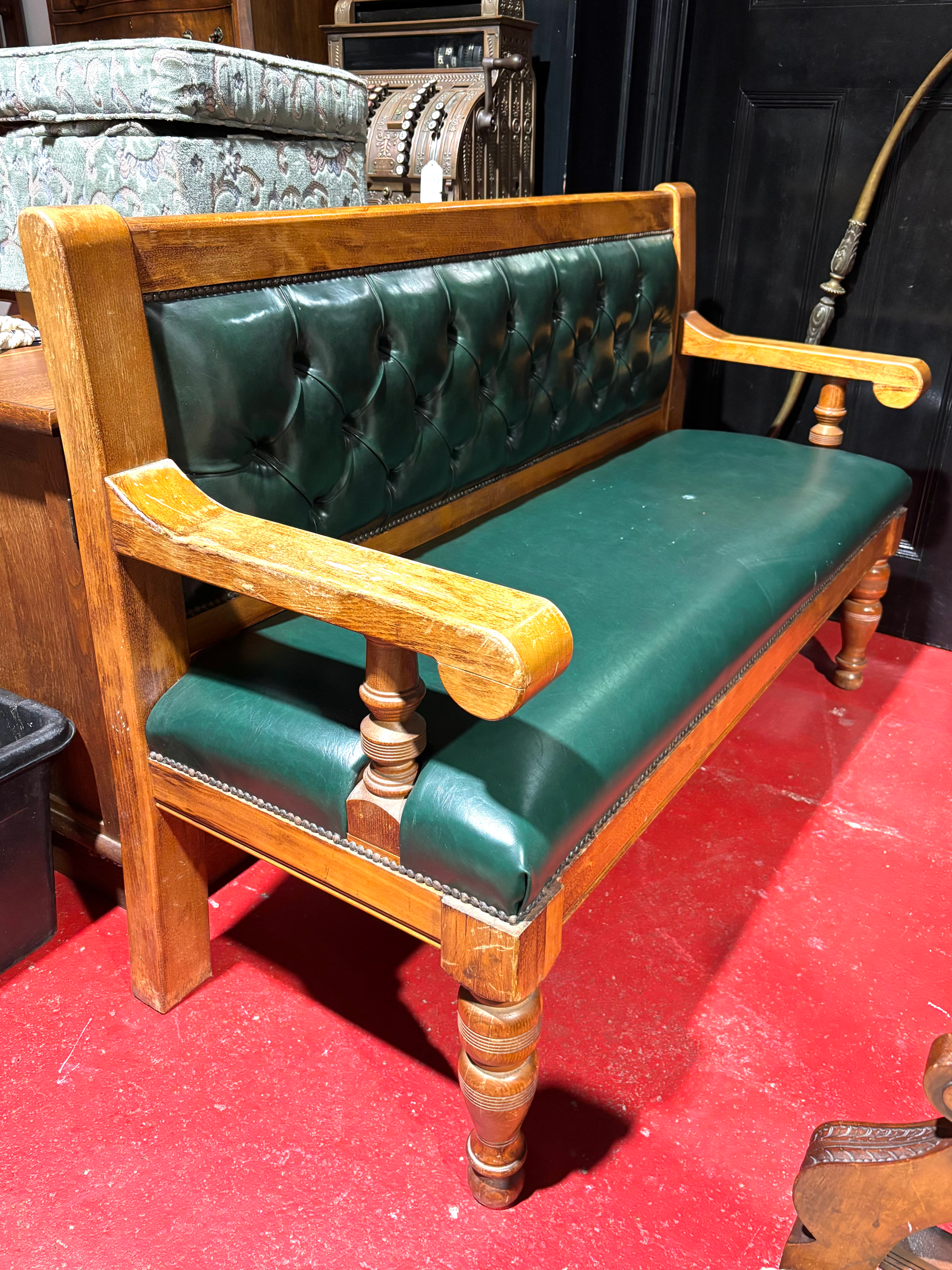 Solid Oak Bench Green Leather Buttoned Back and Seat Pad (faux leather) Pub Sett