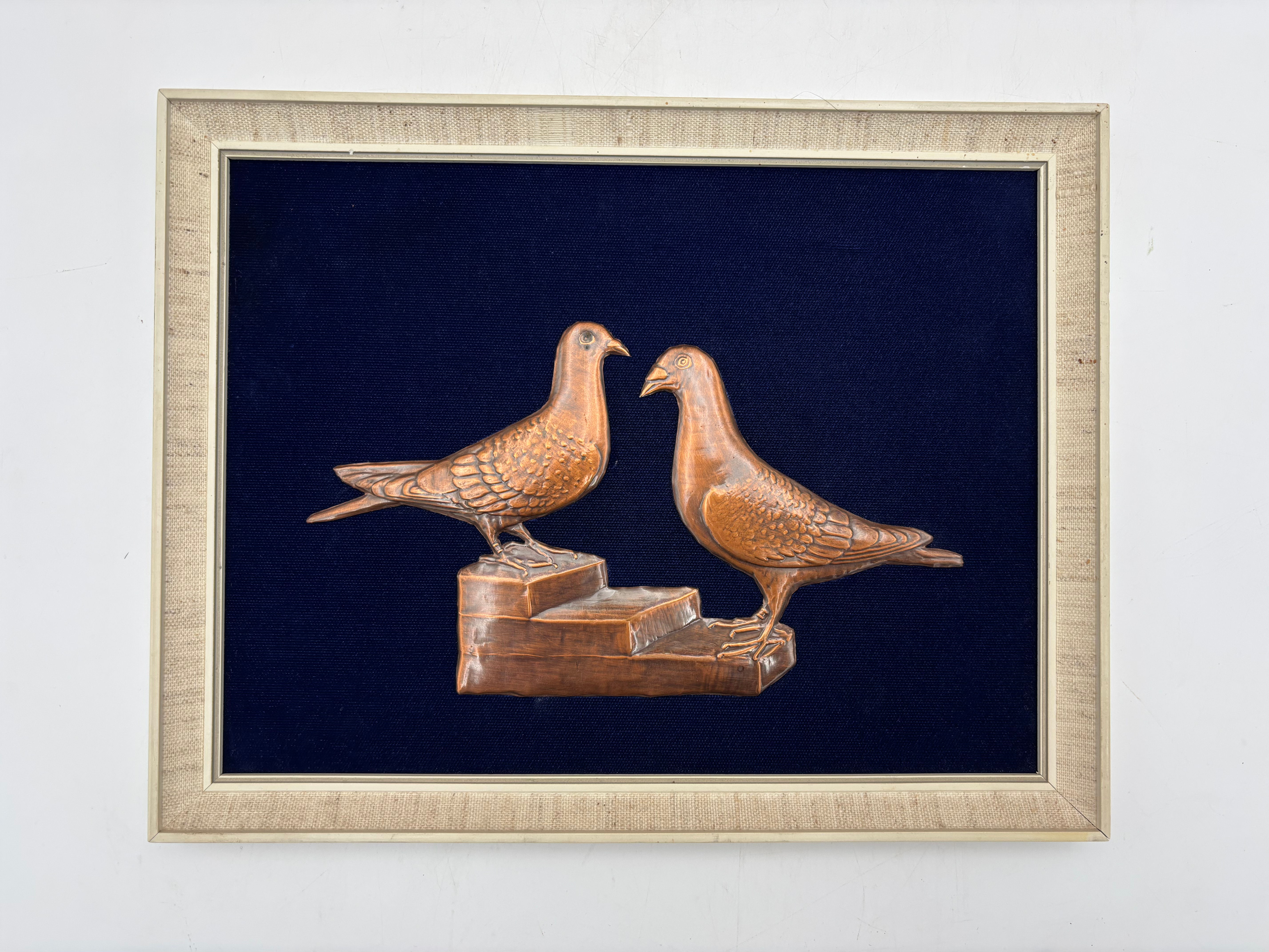 Vintage handcrafted copper relief 2 Pigeons created by Wolfgang 