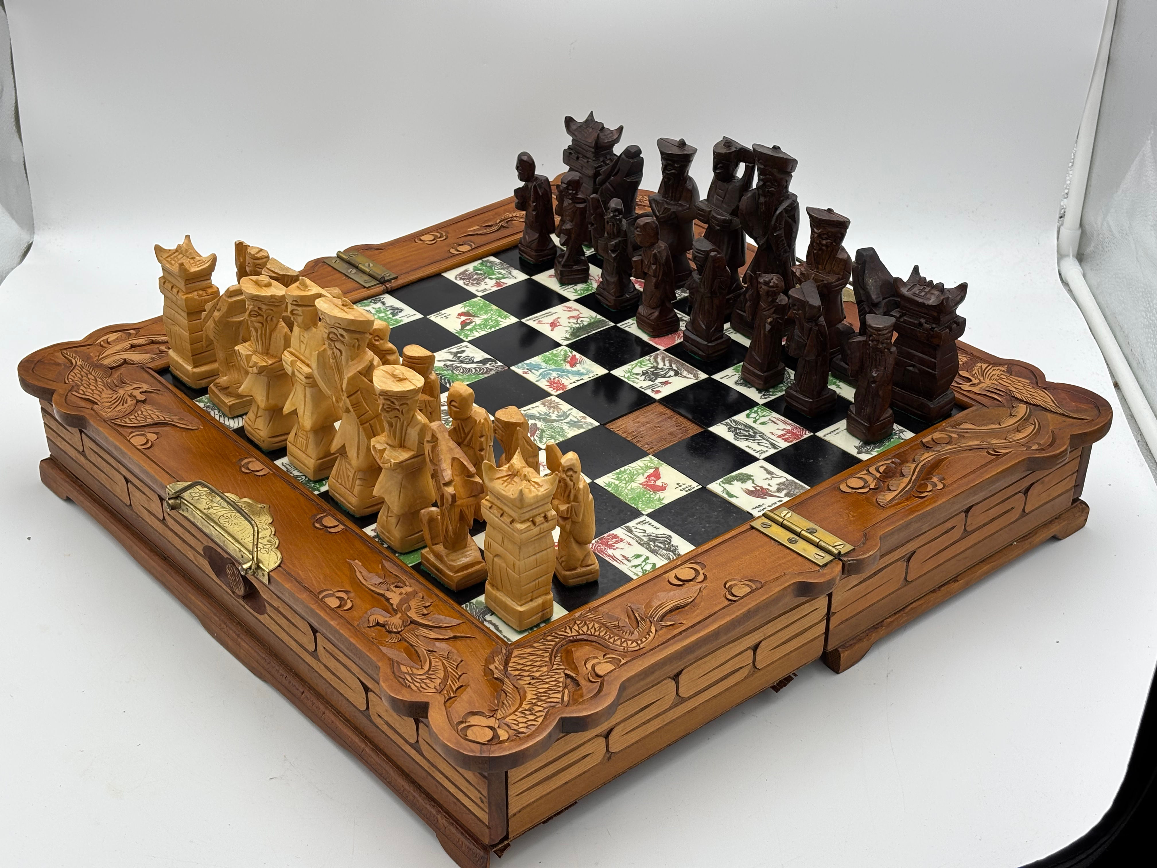 Vintage Chinese Hand Carved Chess Set withFolding Wooden Case **Read*