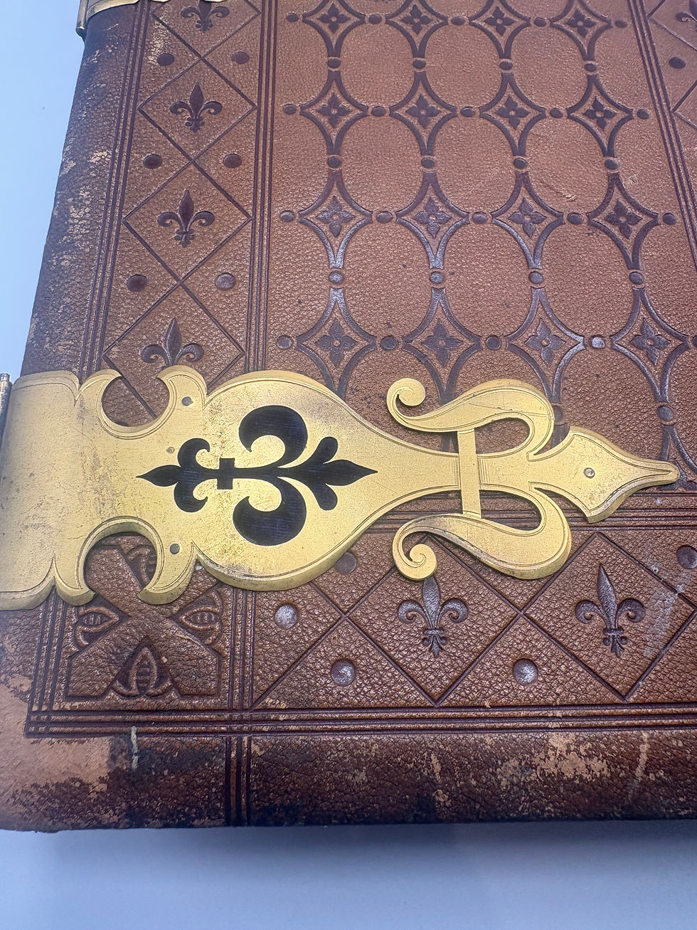 Thumbnail: Antique King James 1866 Bible with Leather Bound Leafs and Brass Details 