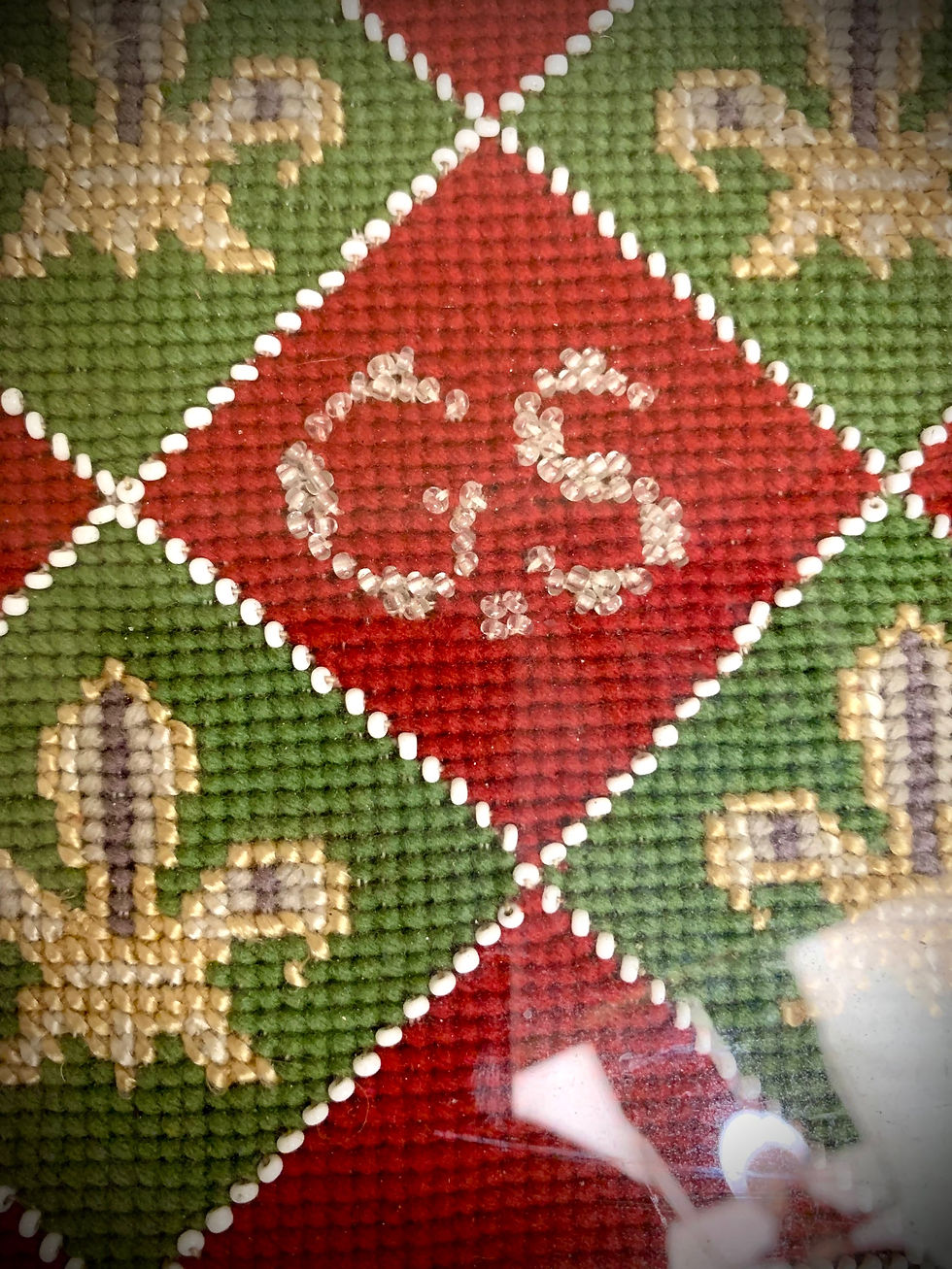 Thumbnail: Vintage Needlepoint Fleur de ley Pattern with Enitials G.S Glass Topped Tray