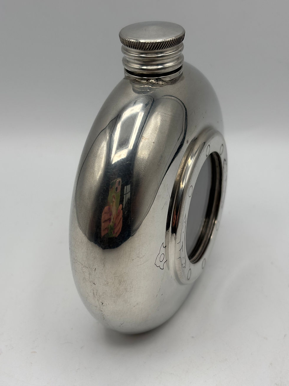 Thumbnail: English Pewter Porthole Hipflask 7oz