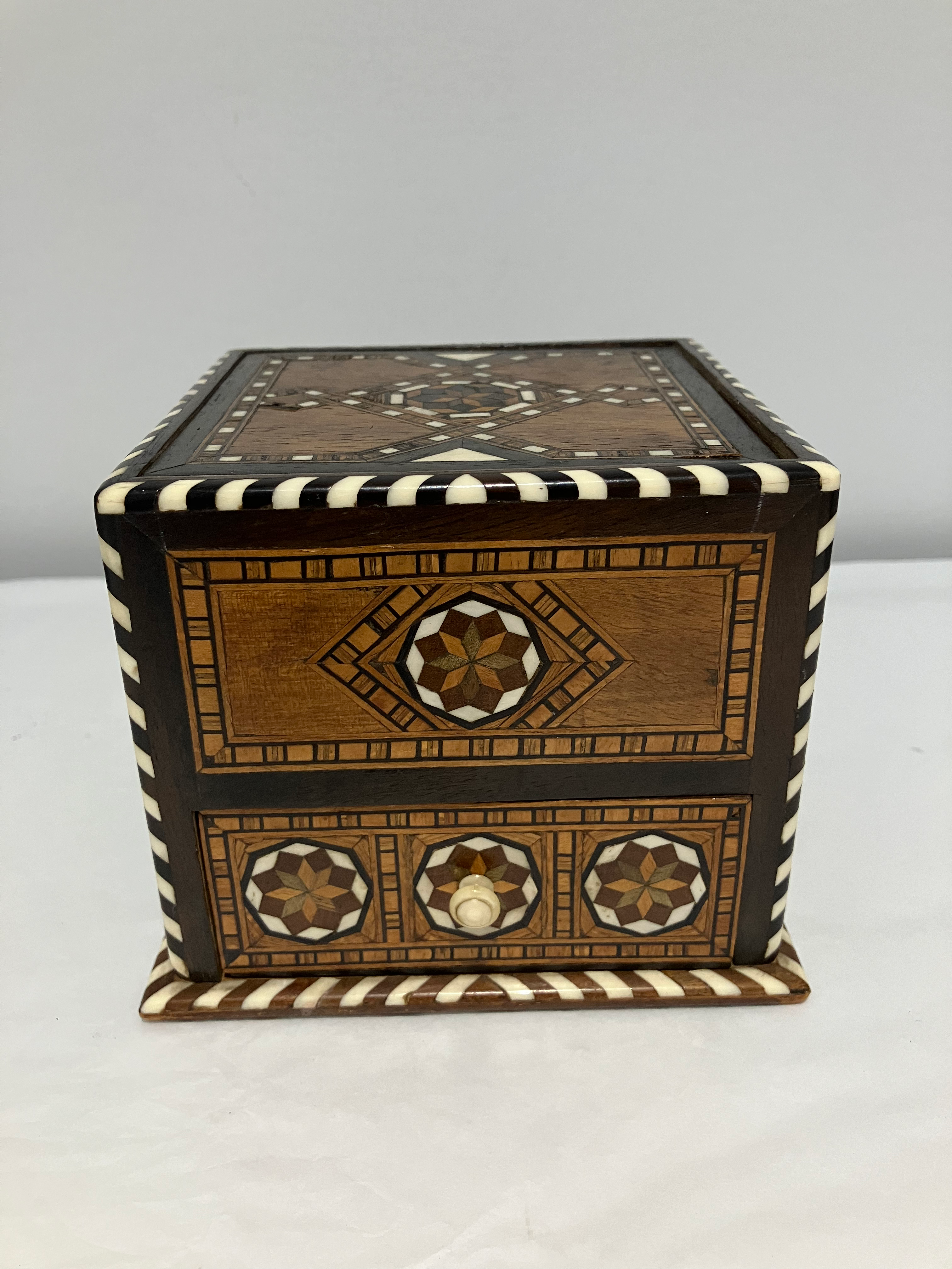 Wooden Mechanical Moorish Style Cigarette Box with Inlaid Details 