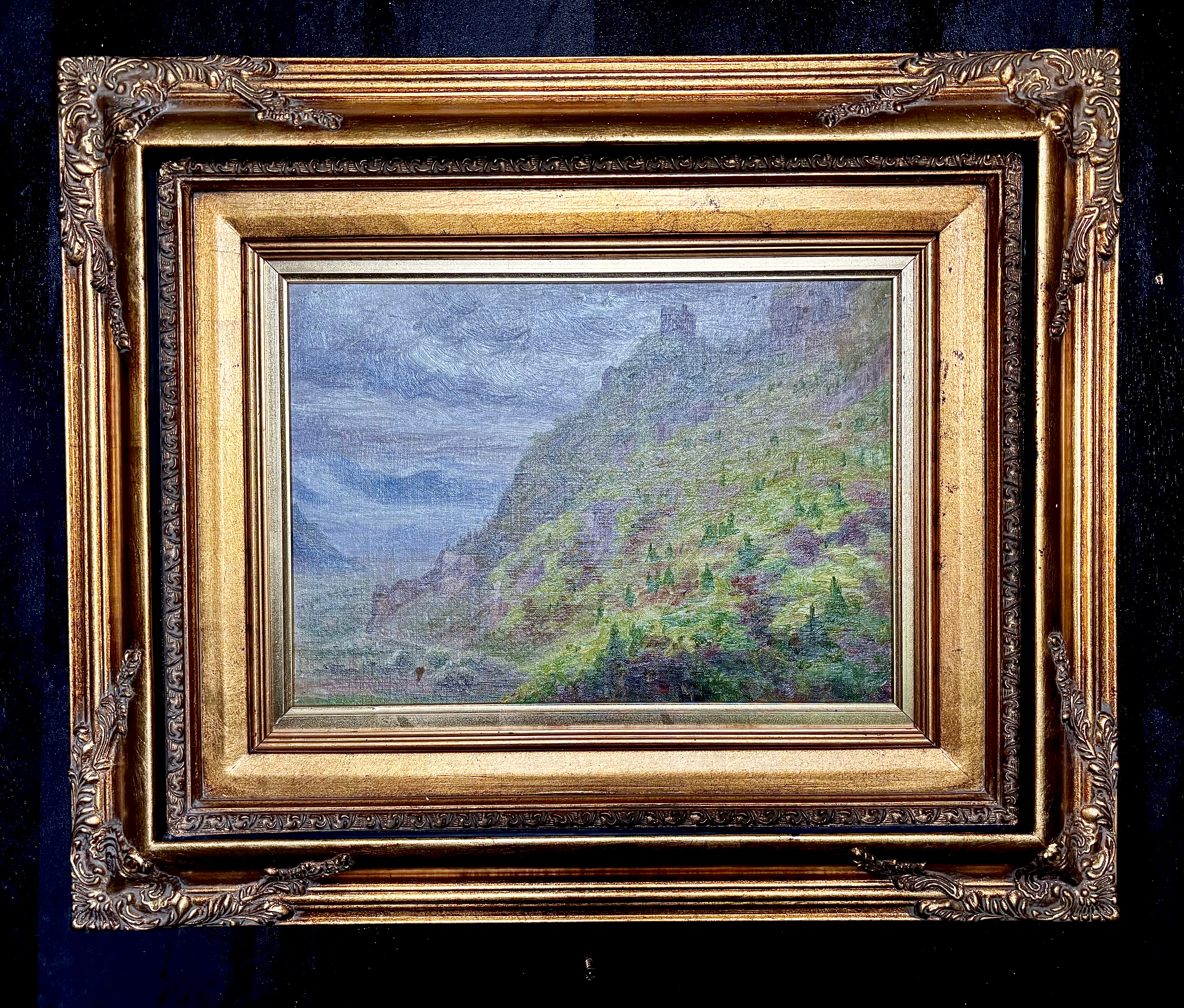 Framed Original Oil on Canvas Landscape. Castle Ruin Overlooking  a Valley. Unsi