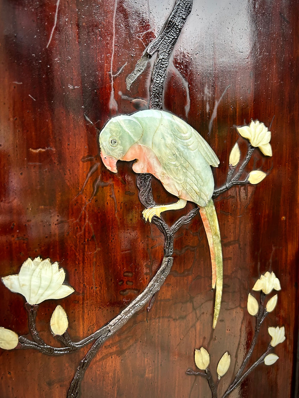 Thumbnail: Chinese Wooden Lacquer Four Panel Screen Divider With Shell Inlay Bird Motifs 