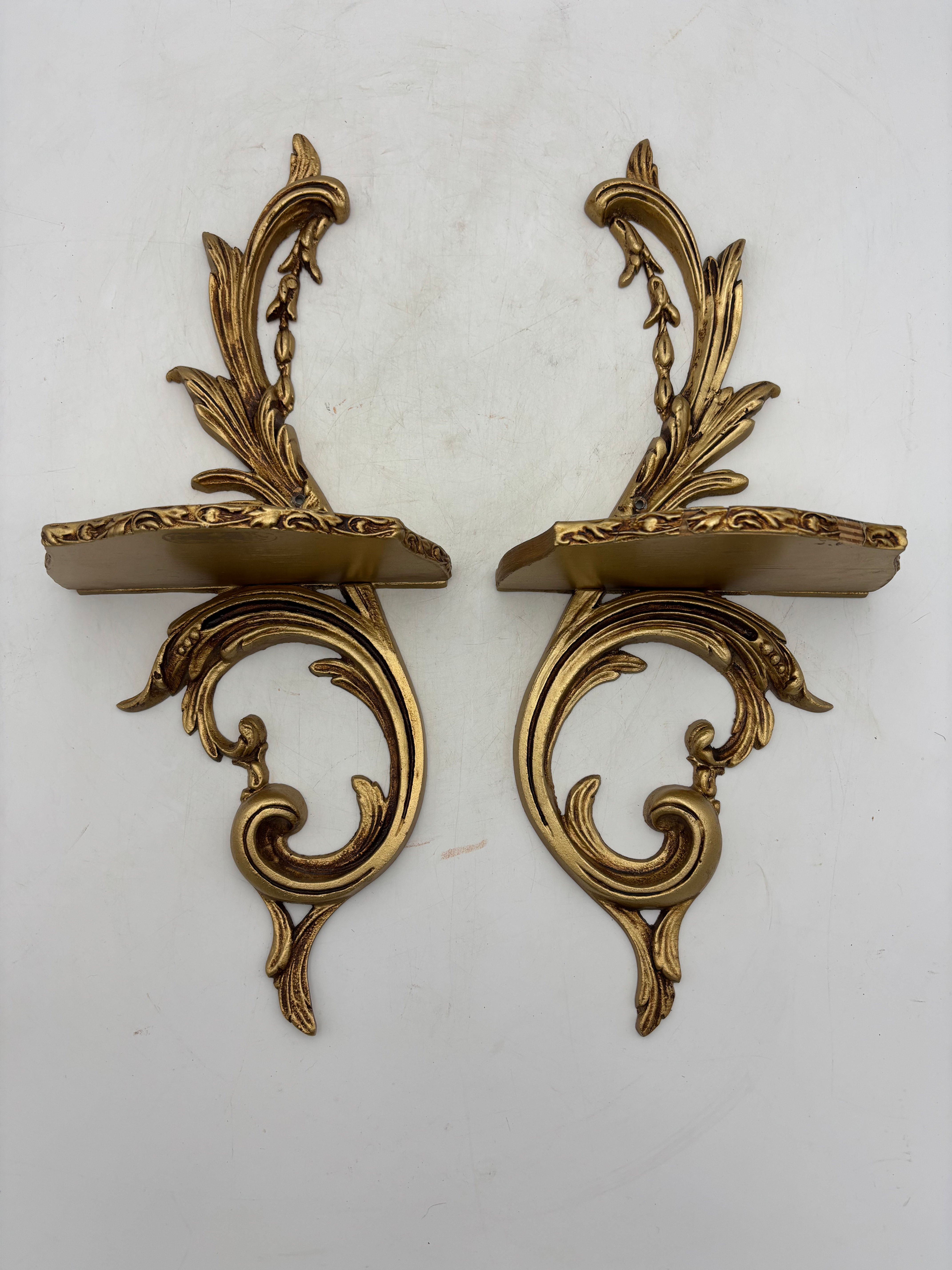 Pair of Vintage Peerart Ornate Gold Rococo-style wall shelves