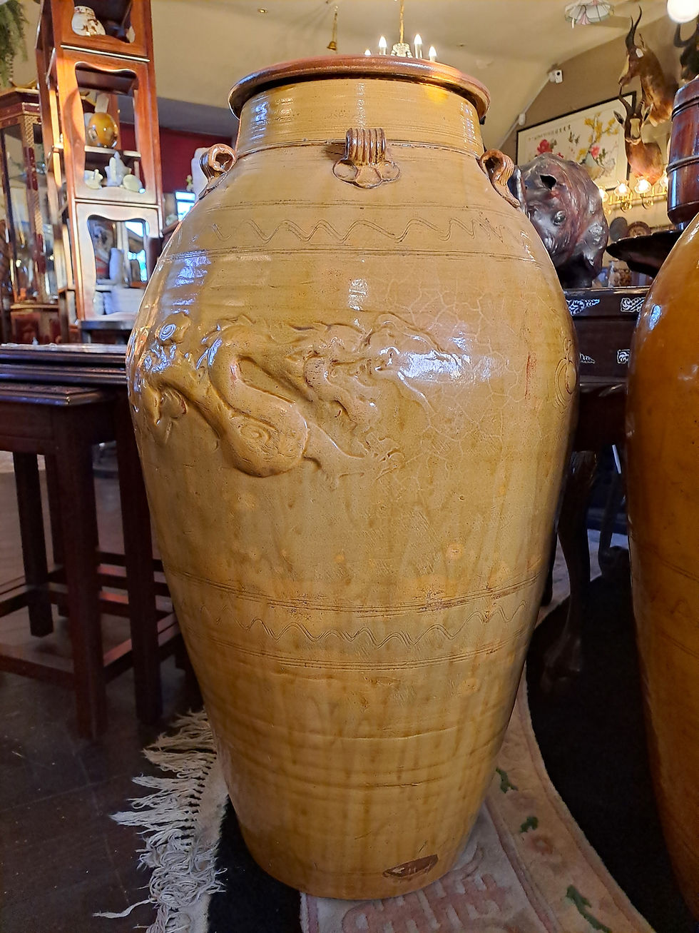 Thumbnail: Pair of Huge Antique 17th Century Chinese Stoneware Martaban Jars/Vases with Dra