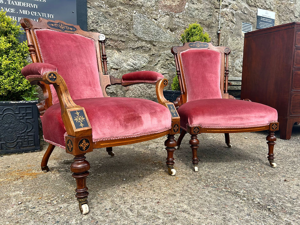 Thumbnail: Pair Late Georgian Mahogany Marquetry Detail His & Hers Library Chairs 