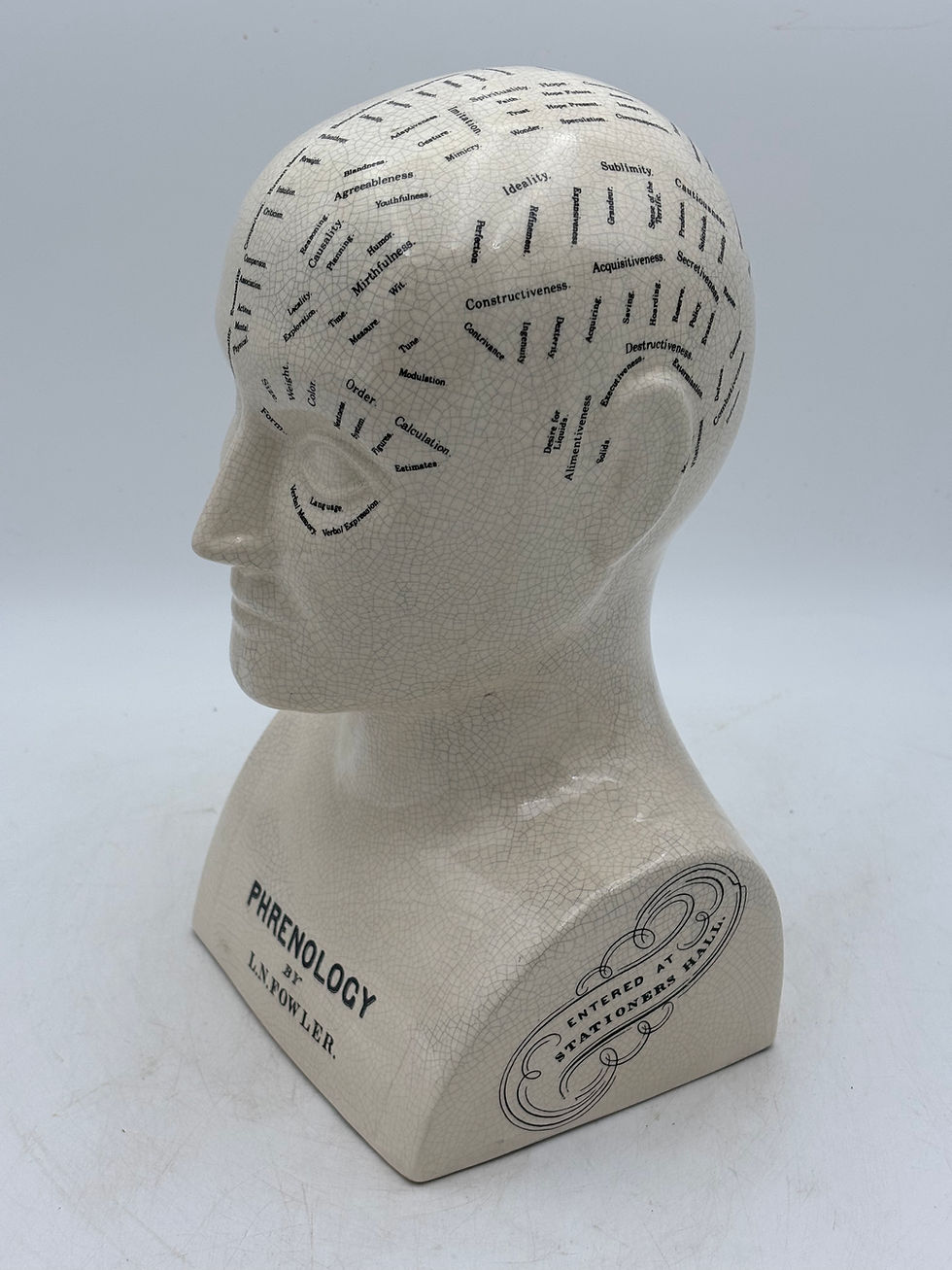 Thumbnail: Large Vintage crackle-glazed ceramic decorative bust is an L.N. Fowler phrenolog