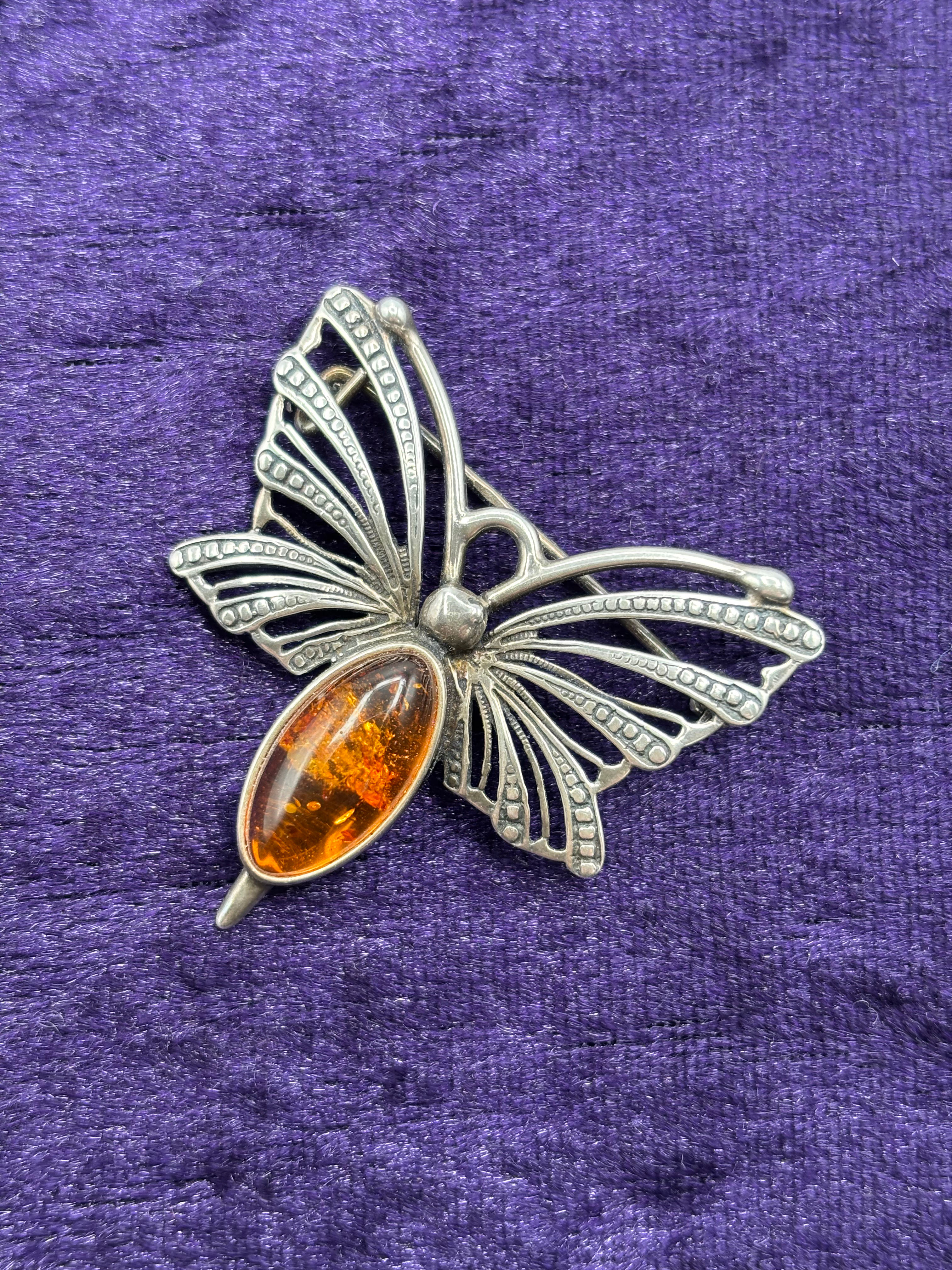 Vintage Silver 925 & Amber Butterfly Brooch 