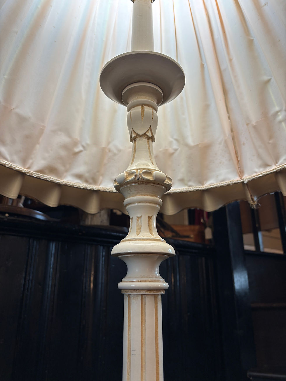 Thumbnail: Vintage Ivory painted floor lamp with a large pleated cream shade tiered peach v