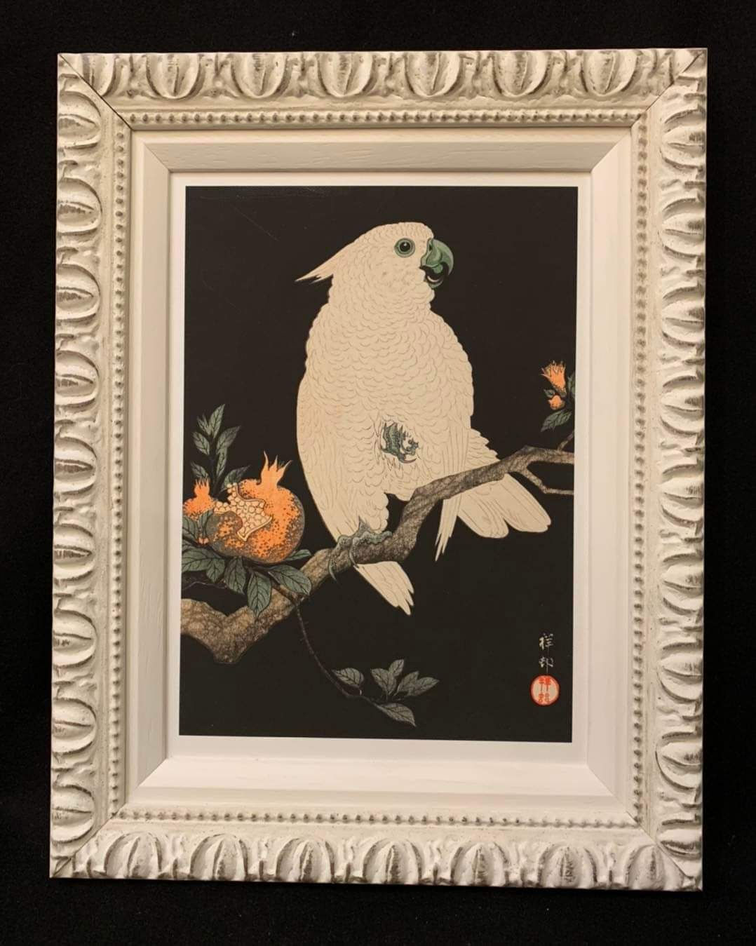 Framed Canvas Print Of Cockatoo & Pomegranate By Ohara  Koson