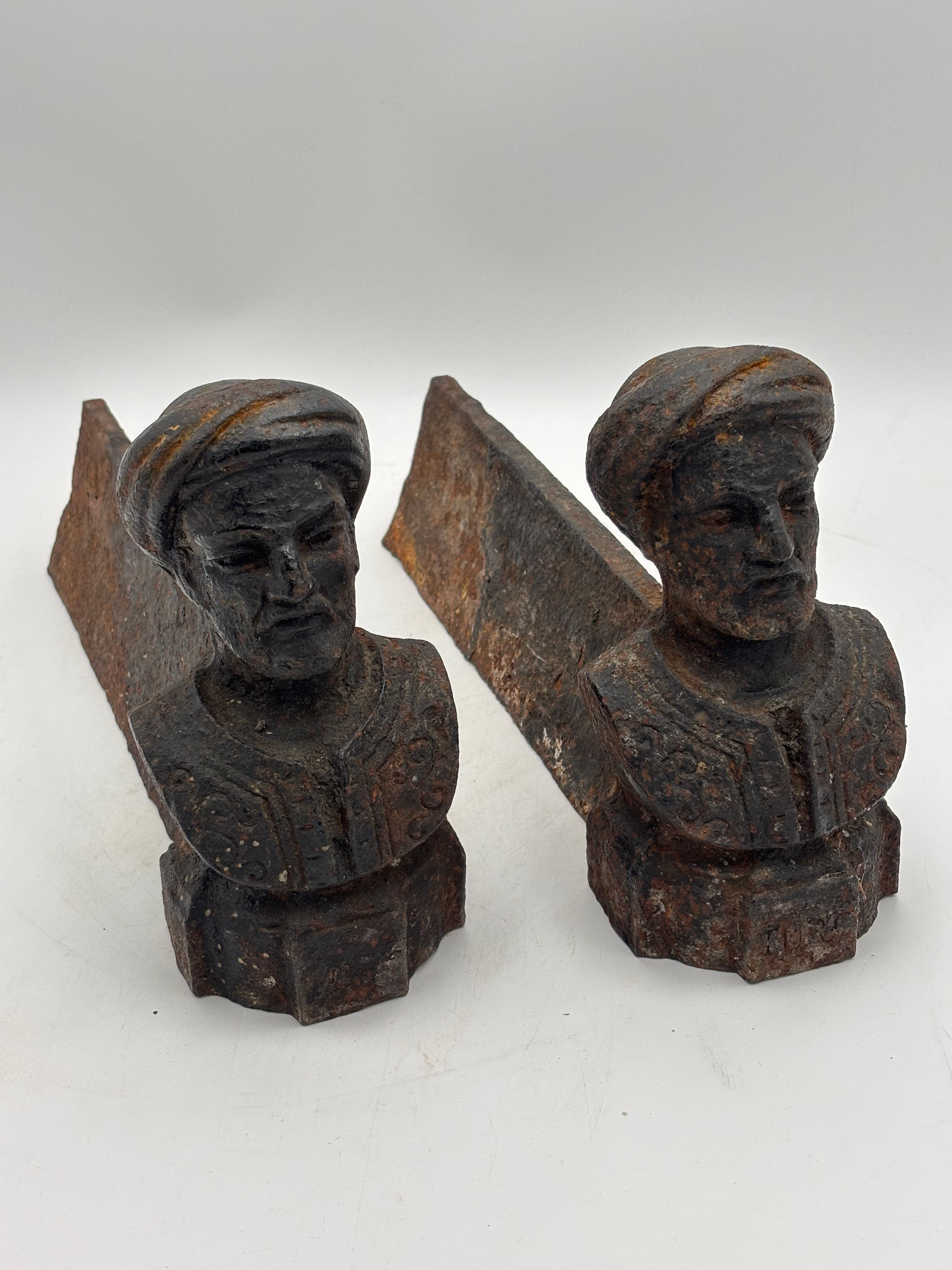 Antique Cast Iron French North African Zouave Soldiers Firedogs 