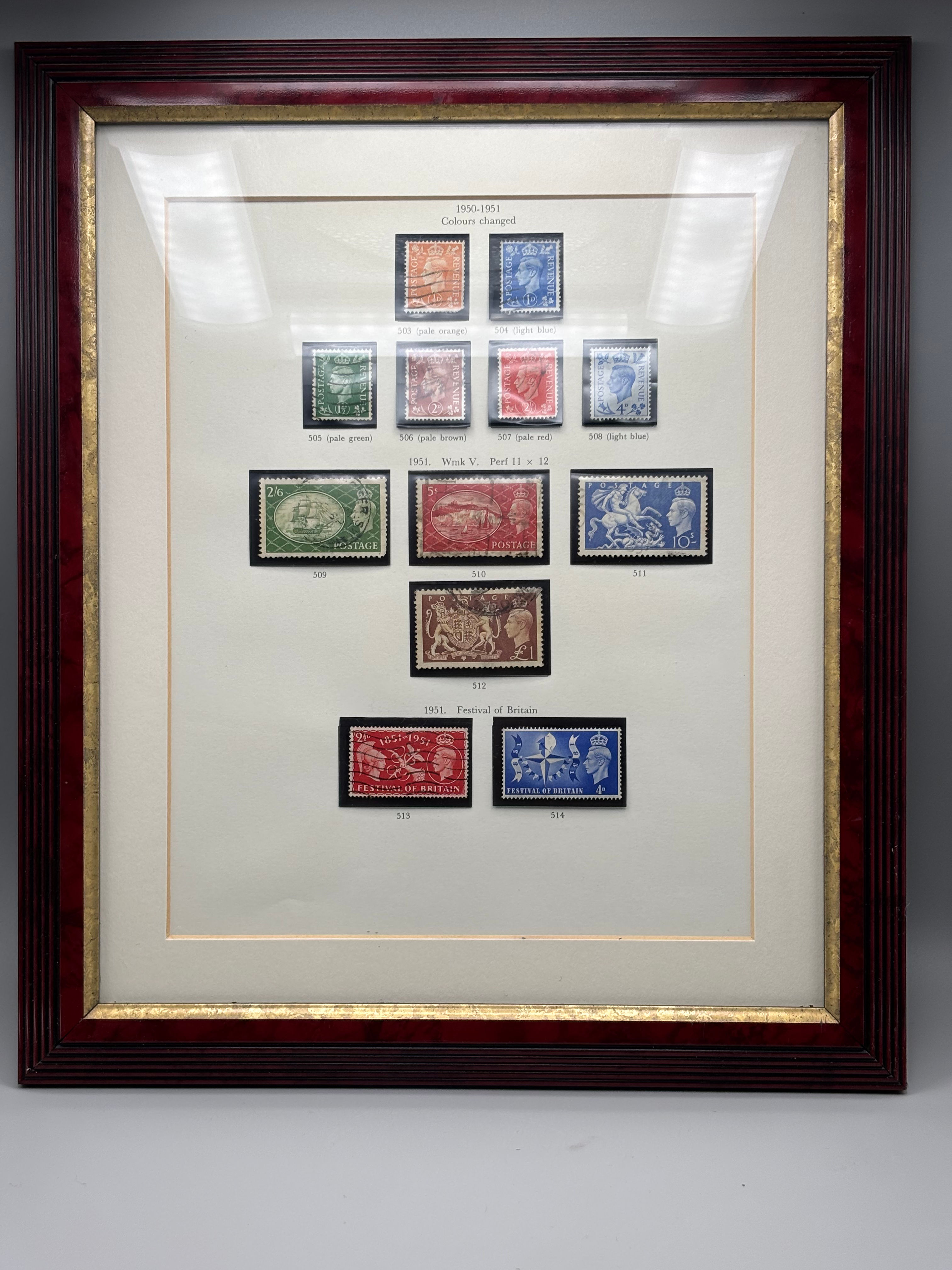 Framed British postage stamps issued during the reign of King George VI,