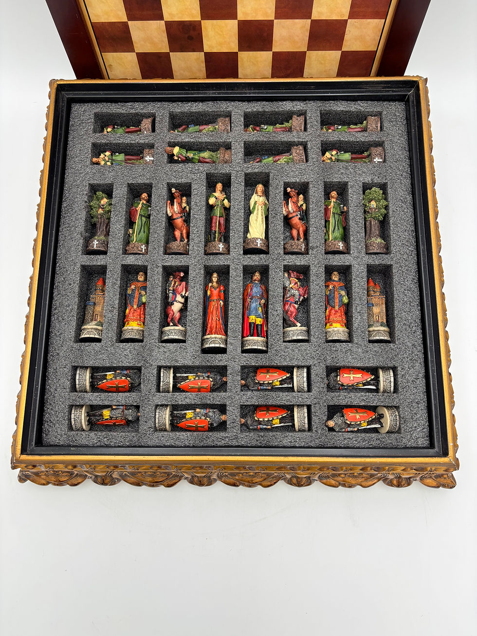 Thumbnail: Chess Set with Gold Gilt Pedestal Stoarge Board. Robin Hood Themed Resin Chess P