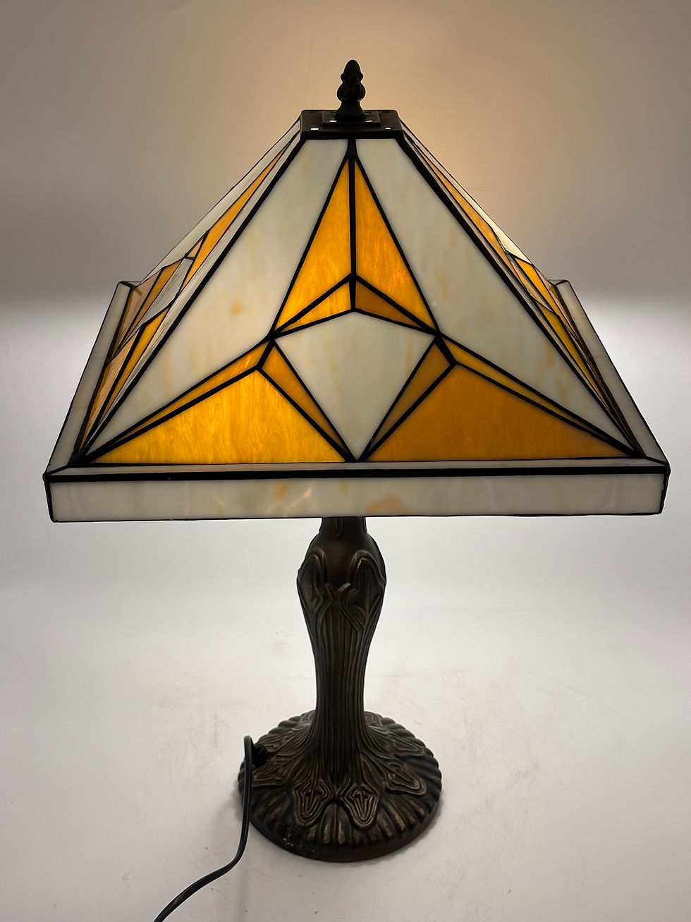 Thumbnail: Large Tiffany Style Geometric Design Table Lamp on Tall Base With Twin Bulbs