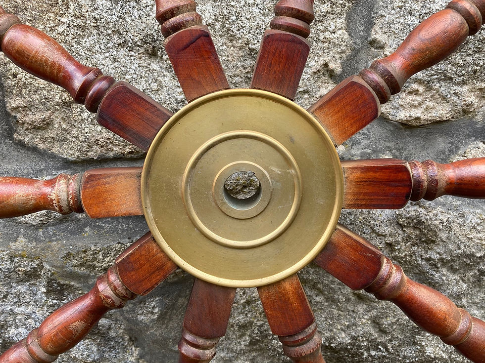 Thumbnail: Large ships wheel with heavy brass centre  and overall 49” in diameter.