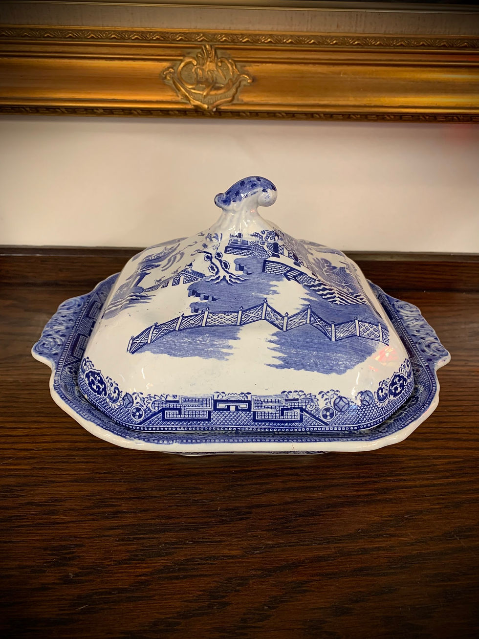 Thumbnail: Antique Blue Willow Lidded Stonewear Serving Bowl Tureen. 19th Century.