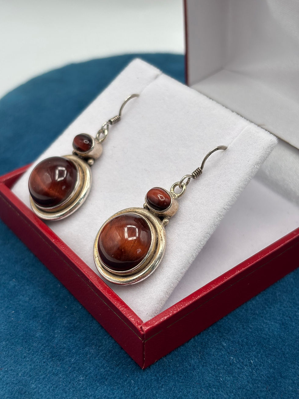 Thumbnail: Vintage 925 Silver & Red Tigers Eye Drop Earrings 