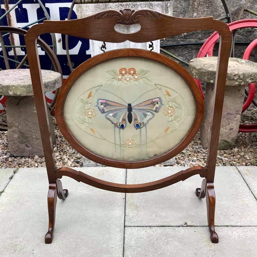 Vintage Hand Embroidered Fire Screen with Butterfly Strichen Antiques