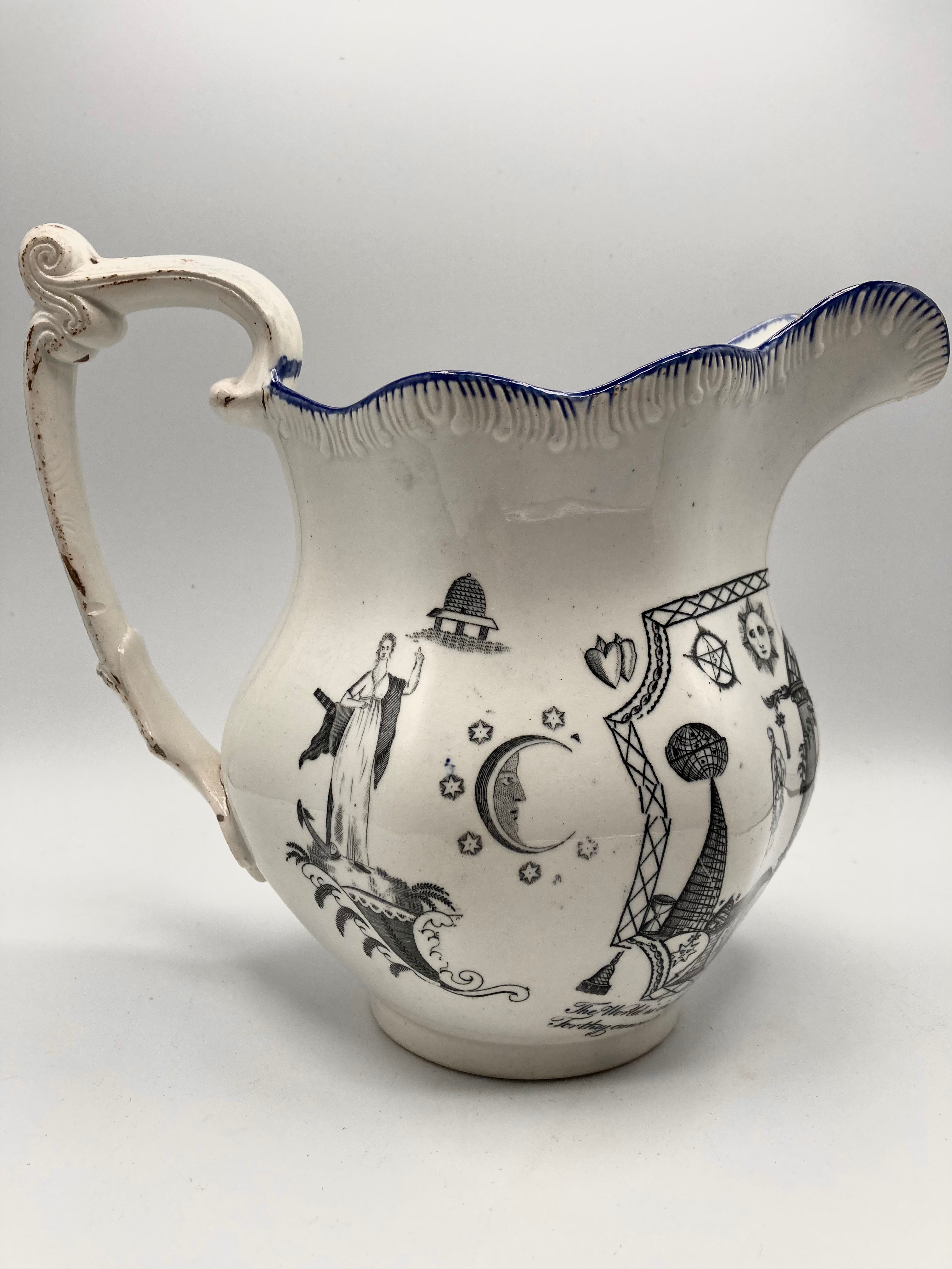 19th Century Pearlware Pottery Transfer Masons Masonic Pitcher ...
