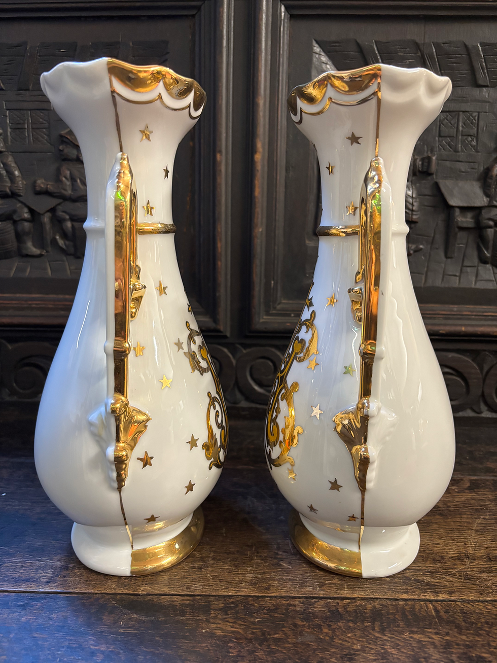 Thumbnail: Pair of antique Victorian French religious monogram Limoges porcelain vases mark