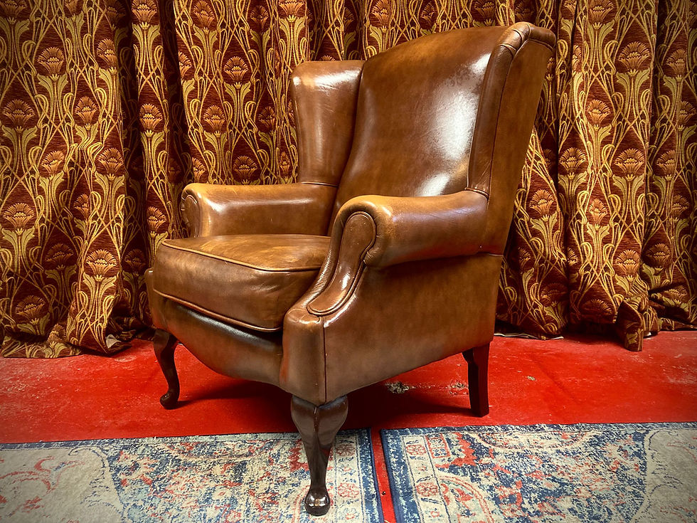 Thumbnail: QueenAnne Wingback Brown Leather Chair Small Mark on Seat Cushion Chesterfield 