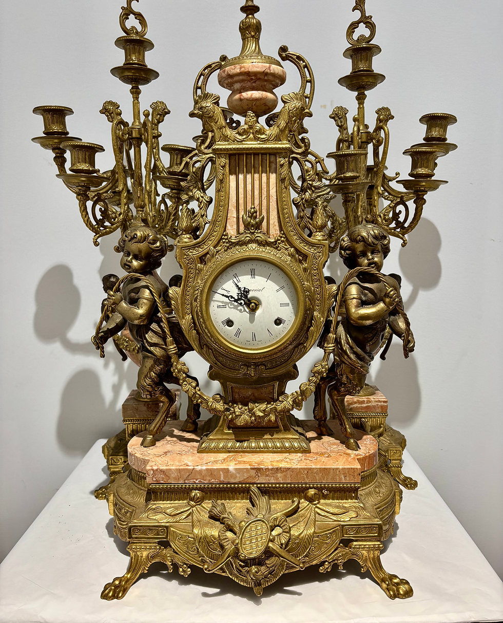 Thumbnail: Vintage Italian Brevettato Brass and Pink Marble Faun Putti Figural Mantle Clock