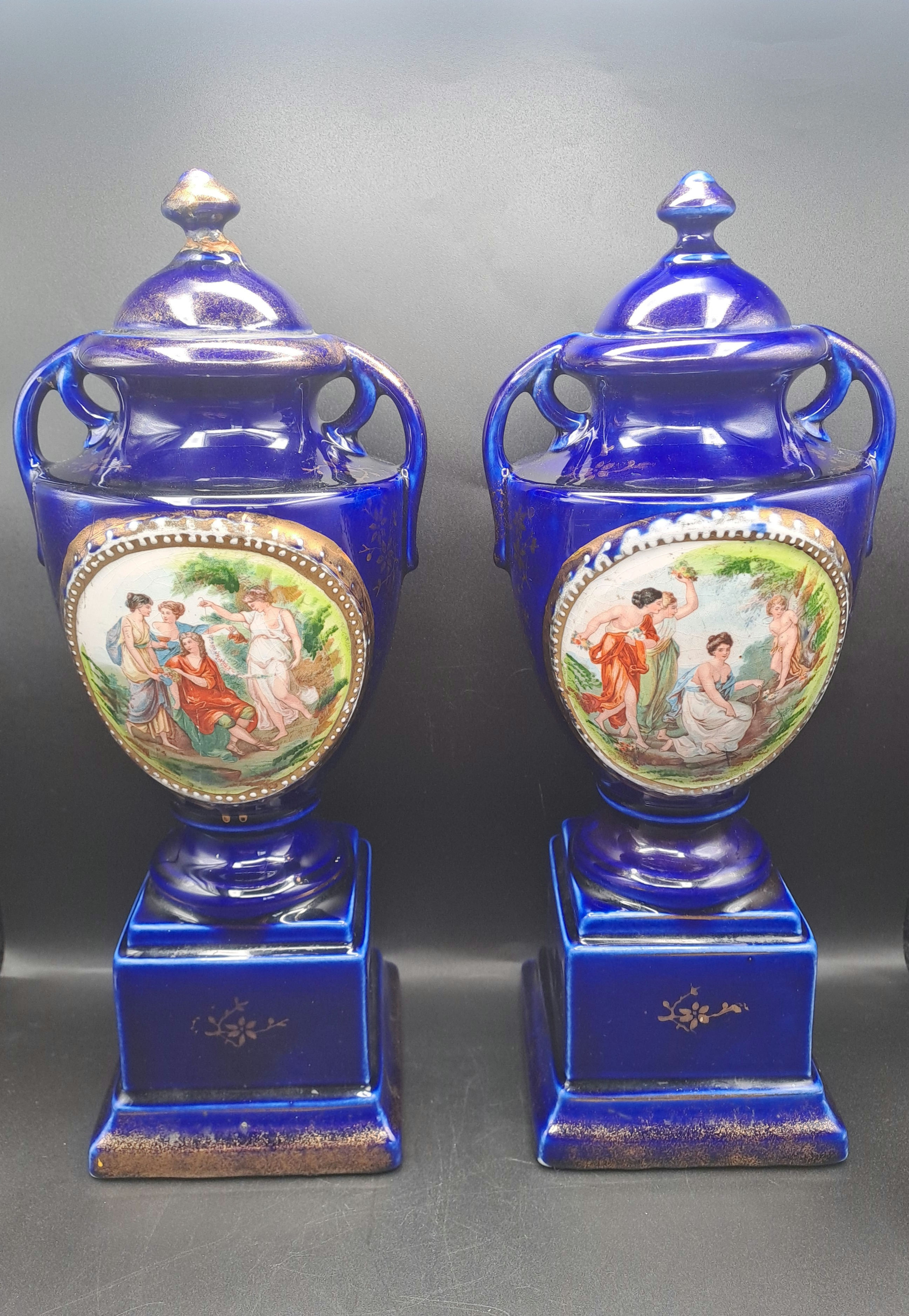 Empire Ware Pair of Cobalt Blue Urns