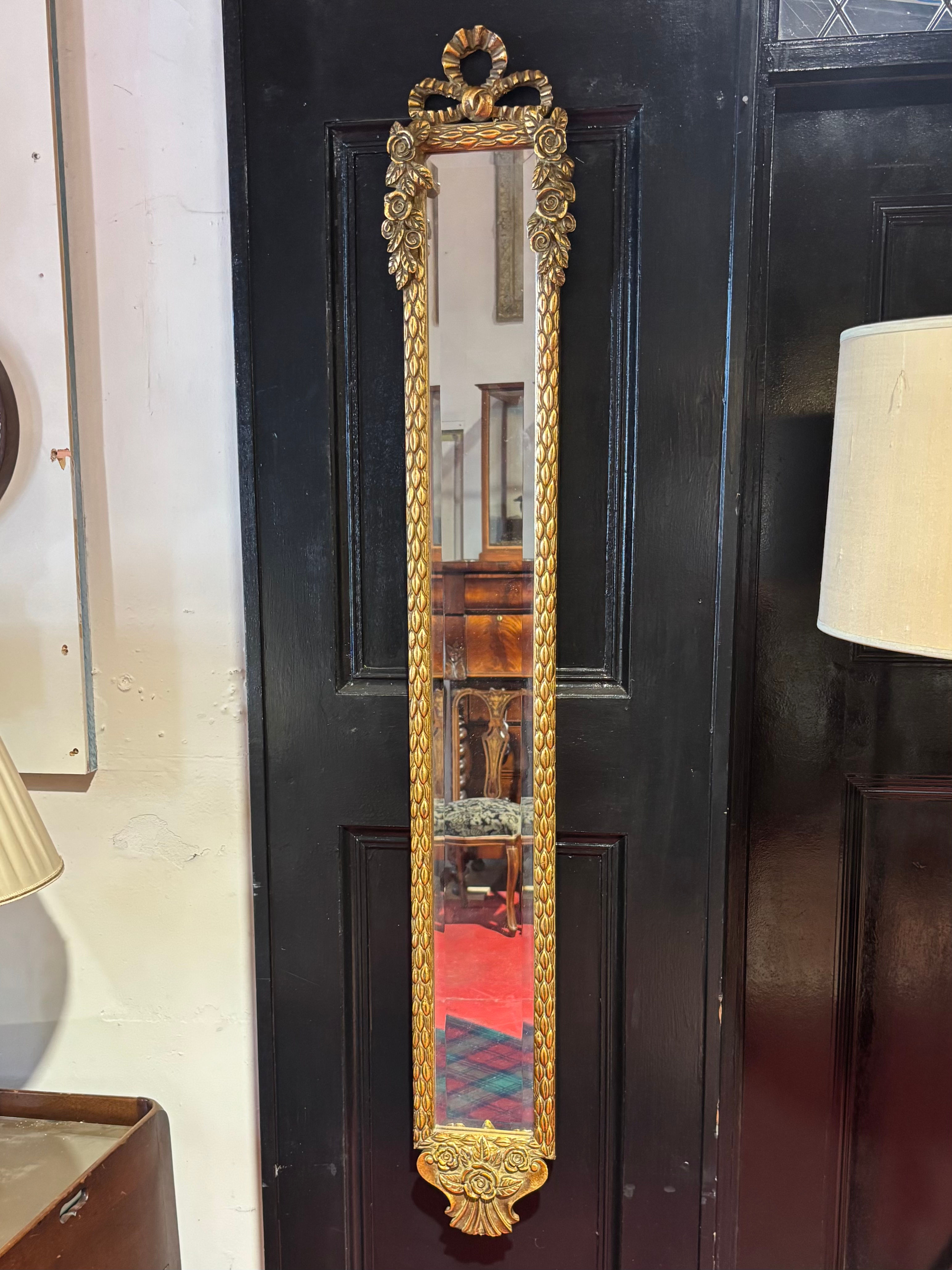Tall Narrow Gold Gilt Bevelevd Glass Pier Mirror With Decorative Gildded Frame