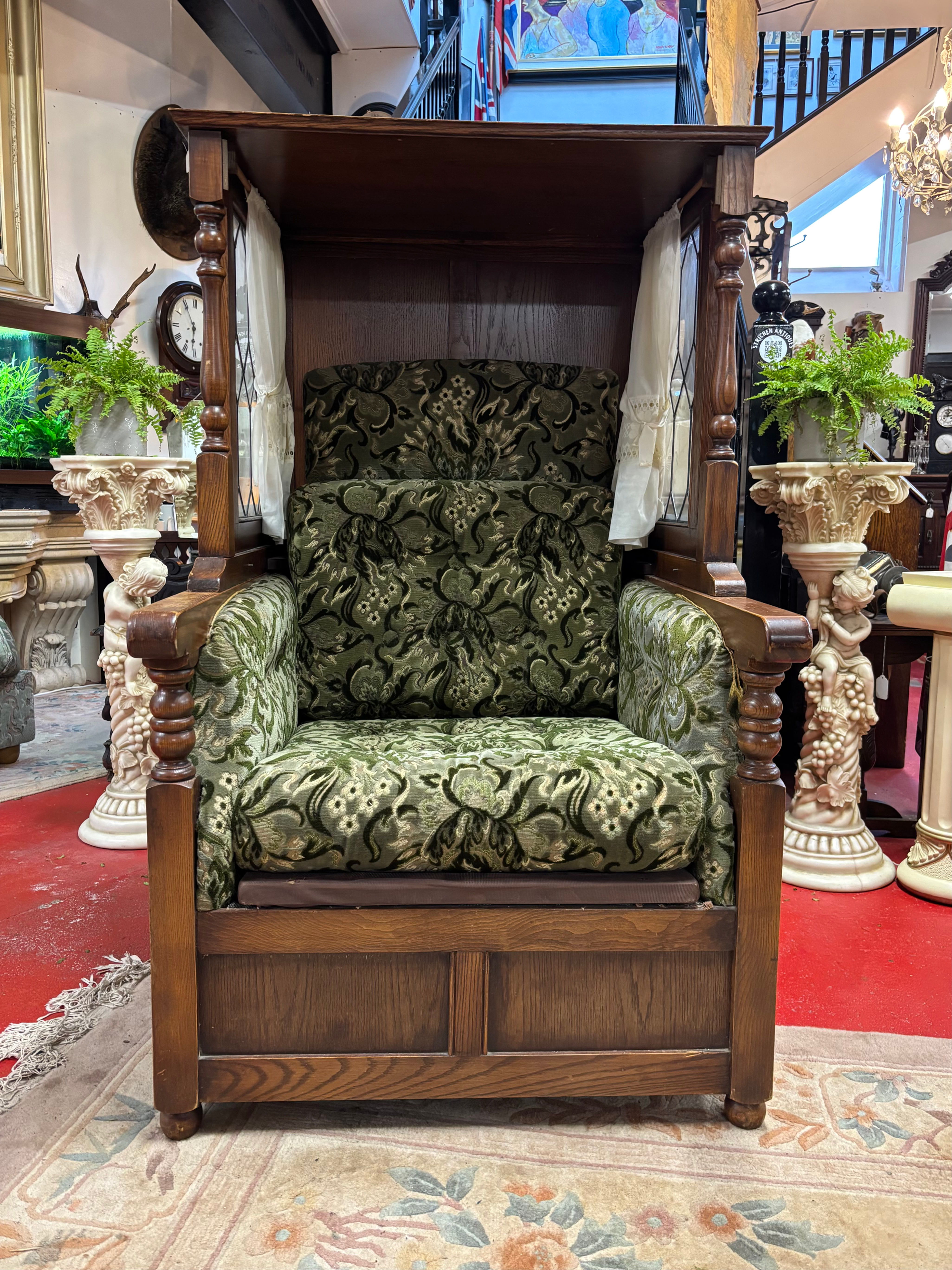 Porter Chair Covered Sedan Style Oak Chair Solid Oak with Leaded Glass & Curtain